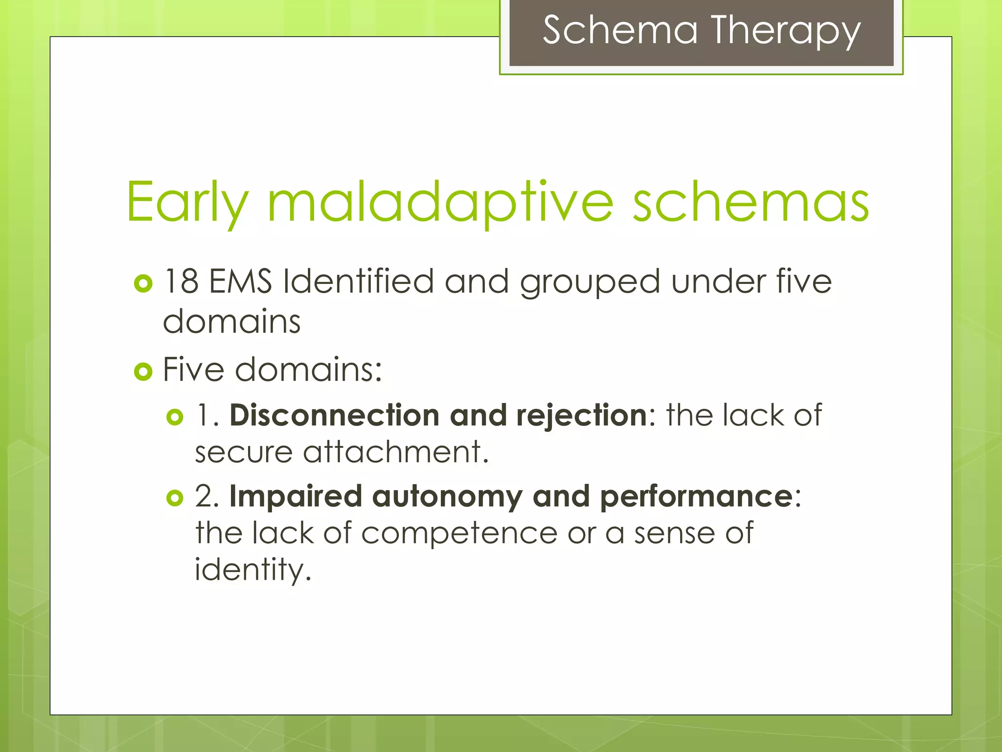 Schema Therapy
Early maladaptive schemas
 18 EMS Identified and grouped under five
domains
 Five domains:
 1. Disconnection and rejection: the lack of
secure attachment.
 2. Impaired autonomy and performance:
the lack of competence or a sense of
identity.
 