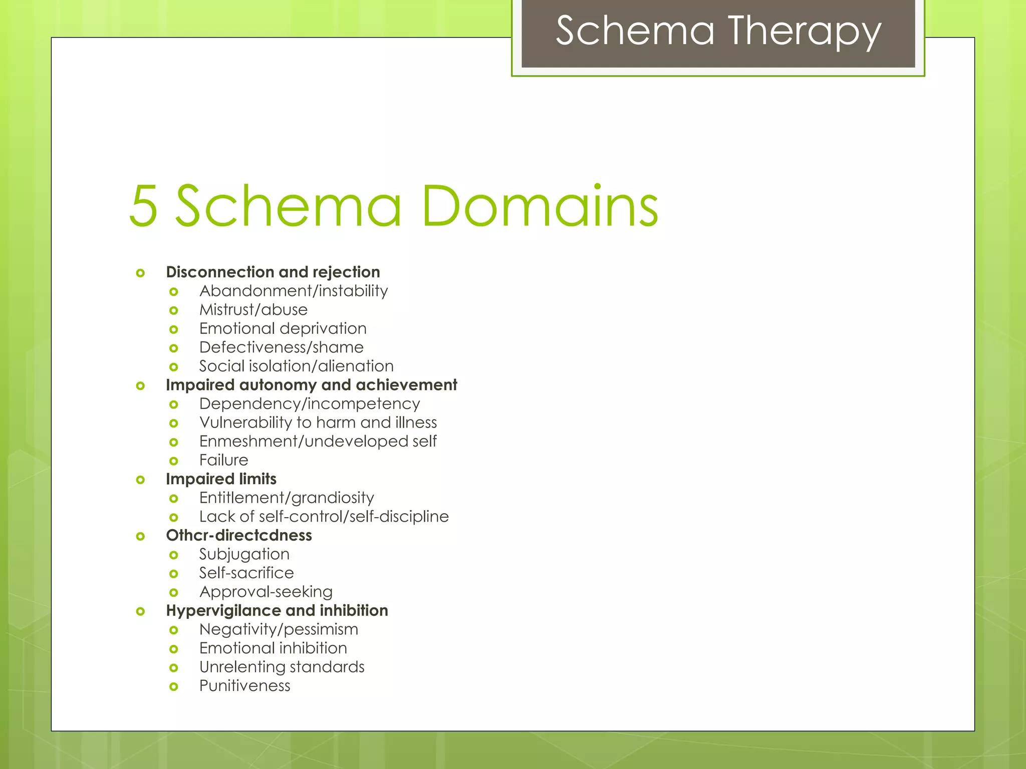 Schema Therapy
5 Schema Domains
 Disconnection and rejection
 Abandonment/instability
 Mistrust/abuse
 Emotional deprivation
 Defectiveness/shame
 Social isolation/alienation
 Impaired autonomy and achievement
 Dependency/incompetency
 Vulnerability to harm and illness
 Enmeshment/undeveloped self
 Failure
 Impaired limits
 Entitlement/grandiosity
 Lack of self-control/self-discipline
 Othcr-directcdness
 Subjugation
 Self-sacrifice
 Approval-seeking
 Hypervigilance and inhibition
 Negativity/pessimism
 Emotional inhibition
 Unrelenting standards
 Punitiveness
 