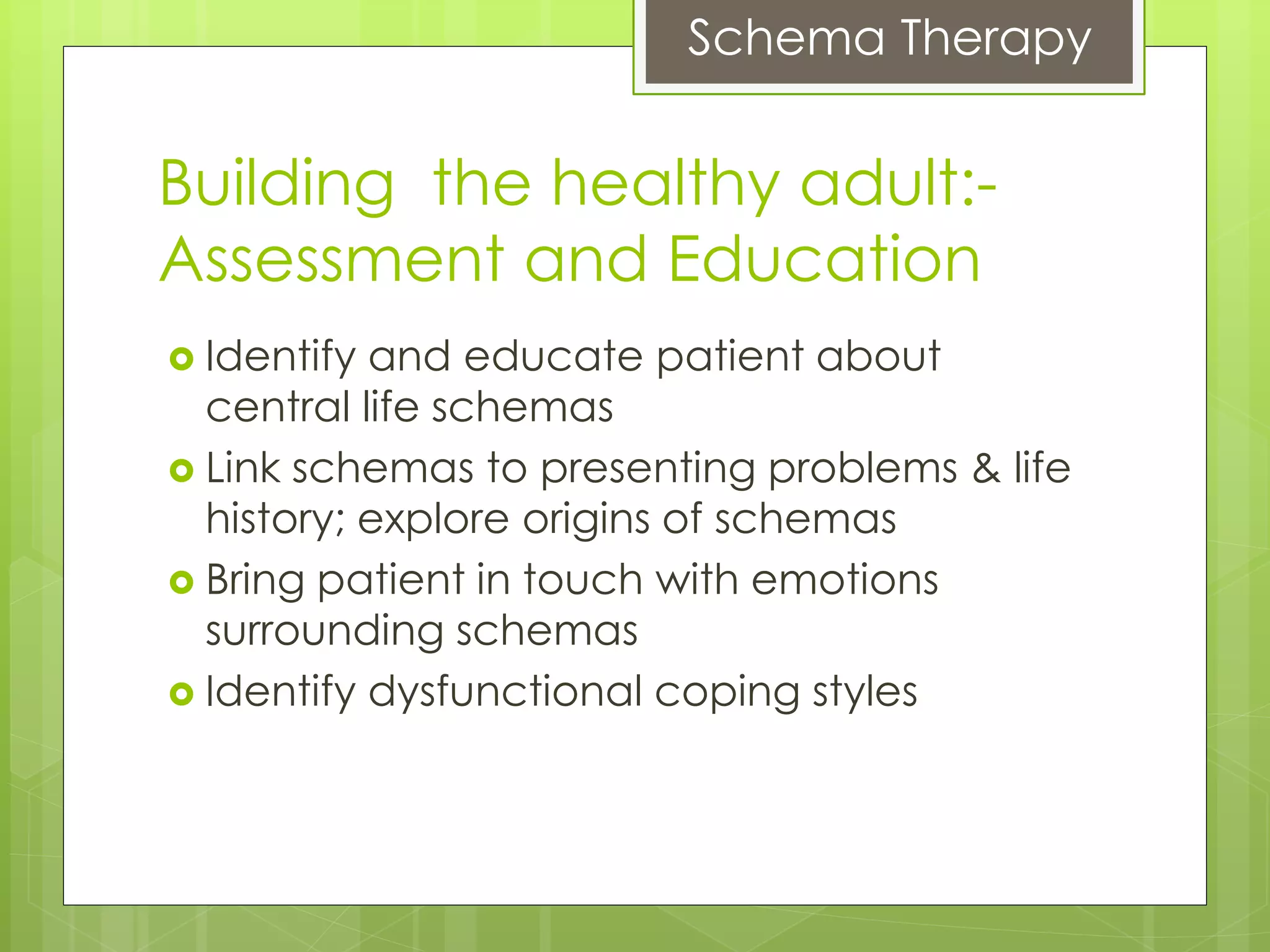 Schema Therapy
Building the healthy adult:-
Assessment and Education
 Identify and educate patient about
central life schemas
 Link schemas to presenting problems & life
history; explore origins of schemas
 Bring patient in touch with emotions
surrounding schemas
 Identify dysfunctional coping styles
 