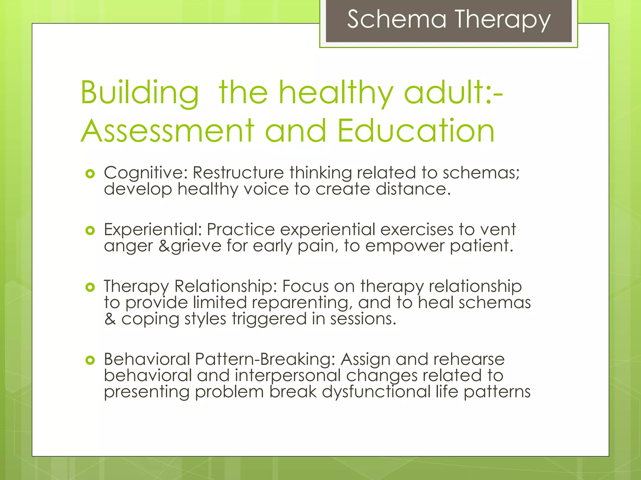 Schema Therapy
Building the healthy adult:-
Assessment and Education
 Cognitive: Restructure thinking related to schemas;
develop healthy voice to create distance.
 Experiential: Practice experiential exercises to vent
anger &grieve for early pain, to empower patient.
 Therapy Relationship: Focus on therapy relationship
to provide limited reparenting, and to heal schemas
& coping styles triggered in sessions.
 Behavioral Pattern-Breaking: Assign and rehearse
behavioral and interpersonal changes related to
presenting problem break dysfunctional life patterns
 