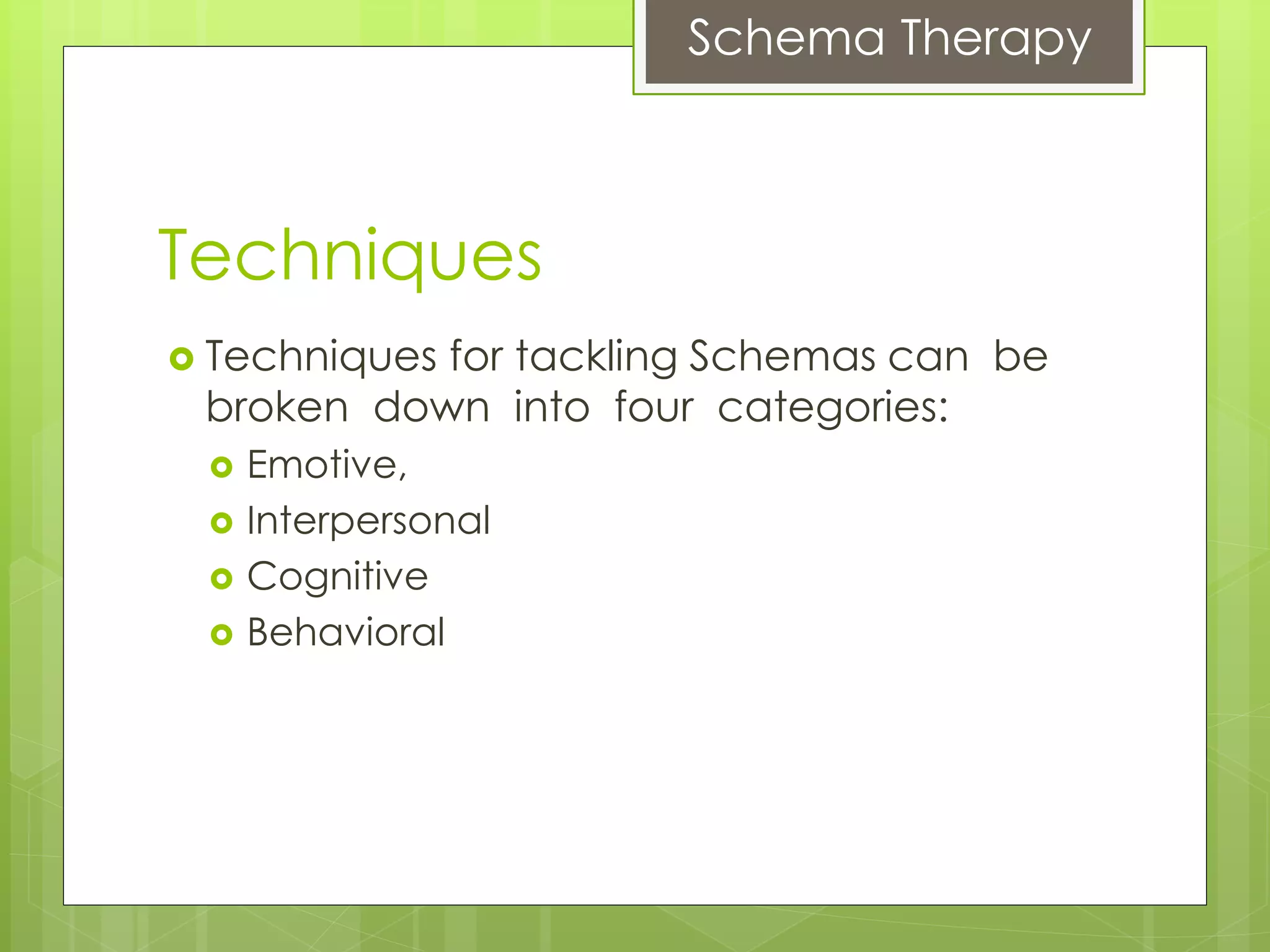 Schema Therapy
Techniques
 Techniques for tackling Schemas can be
broken down into four categories:
 Emotive,
 Interpersonal
 Cognitive
 Behavioral
 