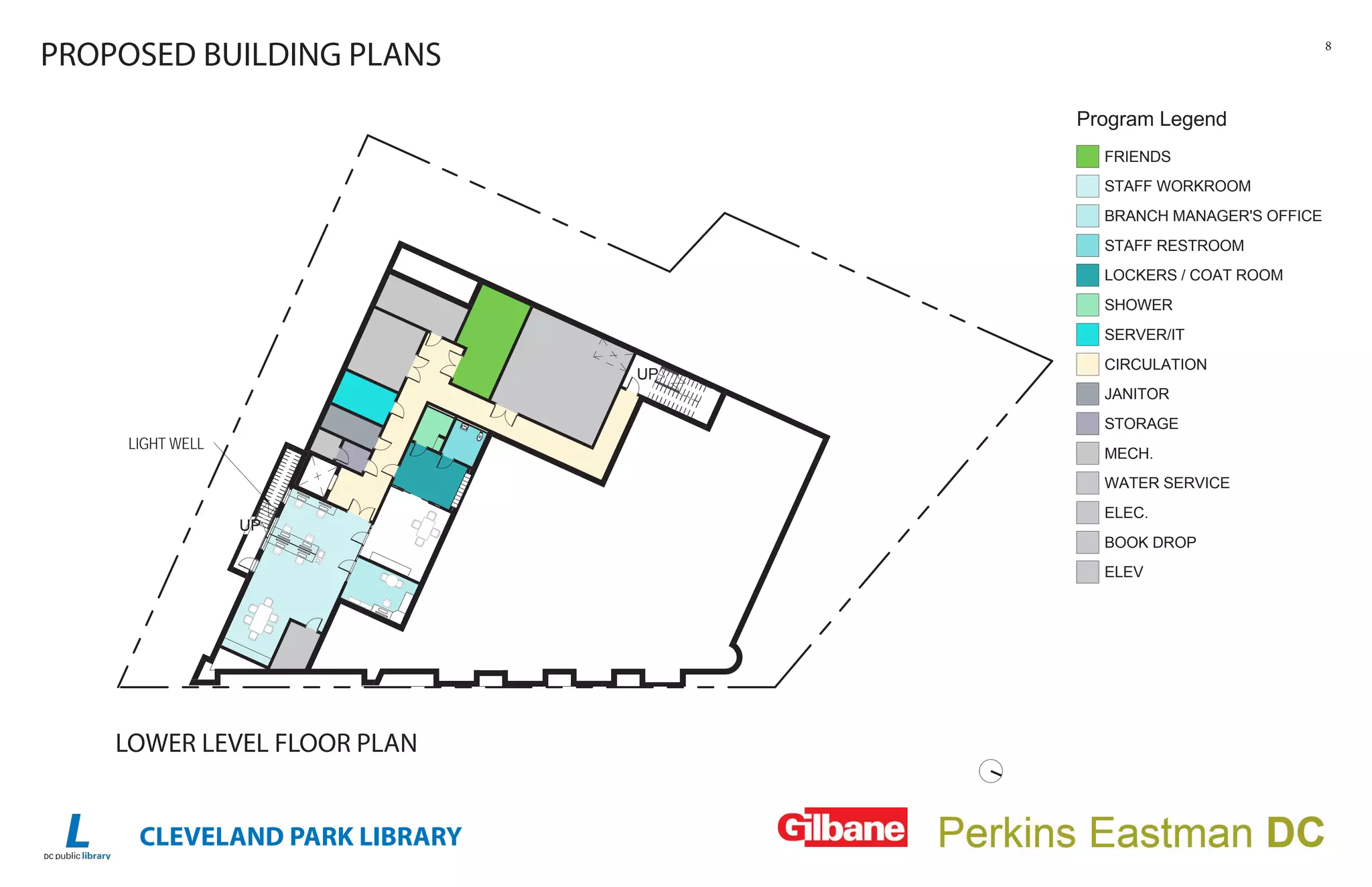 CLEVELAND PARK LIBRARY
8
UP
UP
LIGHT WELL
FRIENDS
STAFF WORK
BRANCH MA
STAFF REST
LOCKERS / C
SHOWER
SERVER/IT
CIRCULATIO
JANITOR
STORAGE
MECH.
WATER SER
ELEC.
BOOK DROP
LOWER LEVEL FLOOR PLAN
PROPOSED BUILDING PLANS
SITE PLAN
CONNECTICUT AVENUE
MACOMBSTREET
EXISTING BUILDING
FOOTPRINT
UP
UP
LIGHT WELL
Program Legend
FRIENDS
STAFF WORKROOM
BRANCH MANAGER'S OFFICE
STAFF RESTROOM
LOCKERS / COAT ROOM
SHOWER
SERVER/IT
CIRCULATION
JANITOR
STORAGE
MECH.
WATER SERVICE
ELEC.
BOOK DROP
ELEV
 