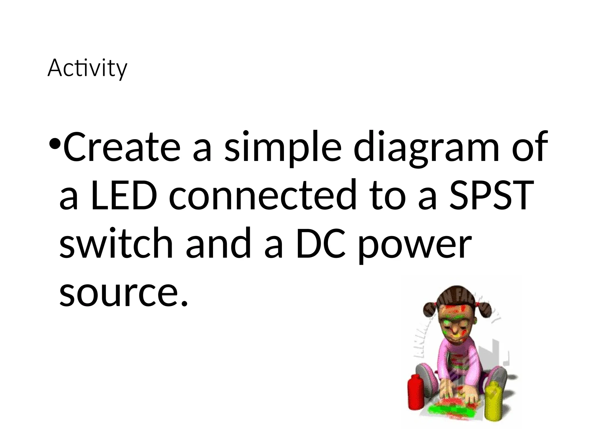 Activity
•Create a simple diagram of
a LED connected to a SPST
switch and a DC power
source.
 