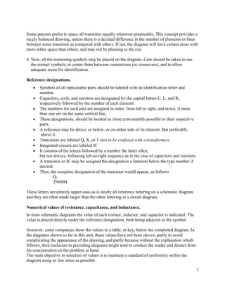 7
Some persons prefer to space all transistor equally wherever practicable. This concept provides a
nicely balanced drawing, unless there is a decided difference in the number of elements or lines
between some transistor as compared with others. If not, the diagram will have certain areas with
more white space than others, and may not be pleasing to the eye.
4. Now, all the remaining symbols may be placed on the diagram. Care should be taken to use
the correct symbols, to center them between connections (or crossovers), and to allow
adequate room for identification.
Reference designations.
 Symbols of all replaceable parts should be labeled with an identification letter and
number.
 Capacitors, coils, and resistors are designated by the capital letters C, L, and R,
respectively followed by the number of each element.
 The numbers for each part are assigned in order, from left to right, and down, if more
than one are on the same vertical line.
 These designations, should be located as close conveniently possible to their respective
parts.
 A reference may be above, or below, or on either side of its element. But preferably
above it.
 Transistors are labeled Q, X, or T (not to be confused with a transformer)
 Integrated circuits are labeled IC
 It consists of the letters followed by a number the latter often,
but not always, following left-to-right sequence as in the case of capacitors and resistors.
 A transistor or IC may be assigned the designation a function below the type number if
desired.
 Thus, the complete designation of the transistor would appear, as follows
Q1
2N6004
These letters are entirely upper-case-as is nearly all reference lettering on a schematic diagram
and they are often made larger than the other lettering in a circuit diagram.
Numerical values of resistance, capacitance, and inductance.
In most schematic diagrams the value of each resistor, inductor, and capacitor is indicated. The
value is placed directly under the reference designation, both being adjacent to the symbol.
However, some companies show the values in a table, or key, below the completed diagram. In
the diagrams shown so far in this unit, these values have not been shown, partly to avoid
complicating the appearance of the drawing, and partly because without the explanation which
follows, their inclusion in preceding diagrams might tend to confuse the reader and detract from
his concentration on the problem at hand.
The main objective in selection of values is to maintain a standard of uniformity within the
diagram using as few zeros as possible.
 