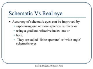 Accuracy of schematic eyes can be improved by  aspherising one or more spherical surfaces or  using a gradient refractive index lens or  both.  They are called ‘finite aperture’ or ‘wide angle’ schematic eyes. Schematic Vs Real eye 