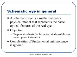 Schematic eye in general A schematic eye is a mathematical or physical model that represents the basic optical features of the real eye   Objective To provide a basis for theoretical studies of the eye as an optical instrument Complexities of fundamental unimportance is ignored 