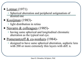 Lotmar  (1971) Spherical aberration and peripheral astigmatism of desired one Kooijman  (1983)- light distribution in retina Navarro & colleagues  (1985)-  having same spherical and longitudinal chromatic aberration as the typical real eye. Pomerantzeff & co-workers  (1984)-  designed to have same spherical aberration, aspheric lens with 200 or more extremely thin layers with diff. n. 