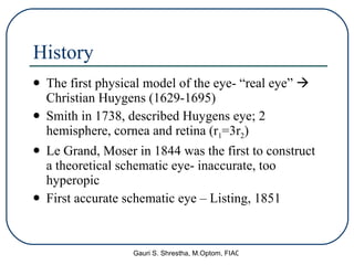 History The first physical model of the eye- “real eye”    Christian Huygens (1629-1695) Smith in 1738, described Huygens eye; 2 hemisphere, cornea and retina (r 1 =3r 2 ) Le Grand, Moser in 1844 was the first to construct a theoretical schematic eye- inaccurate, too hyperopic First accurate schematic eye – Listing, 1851 