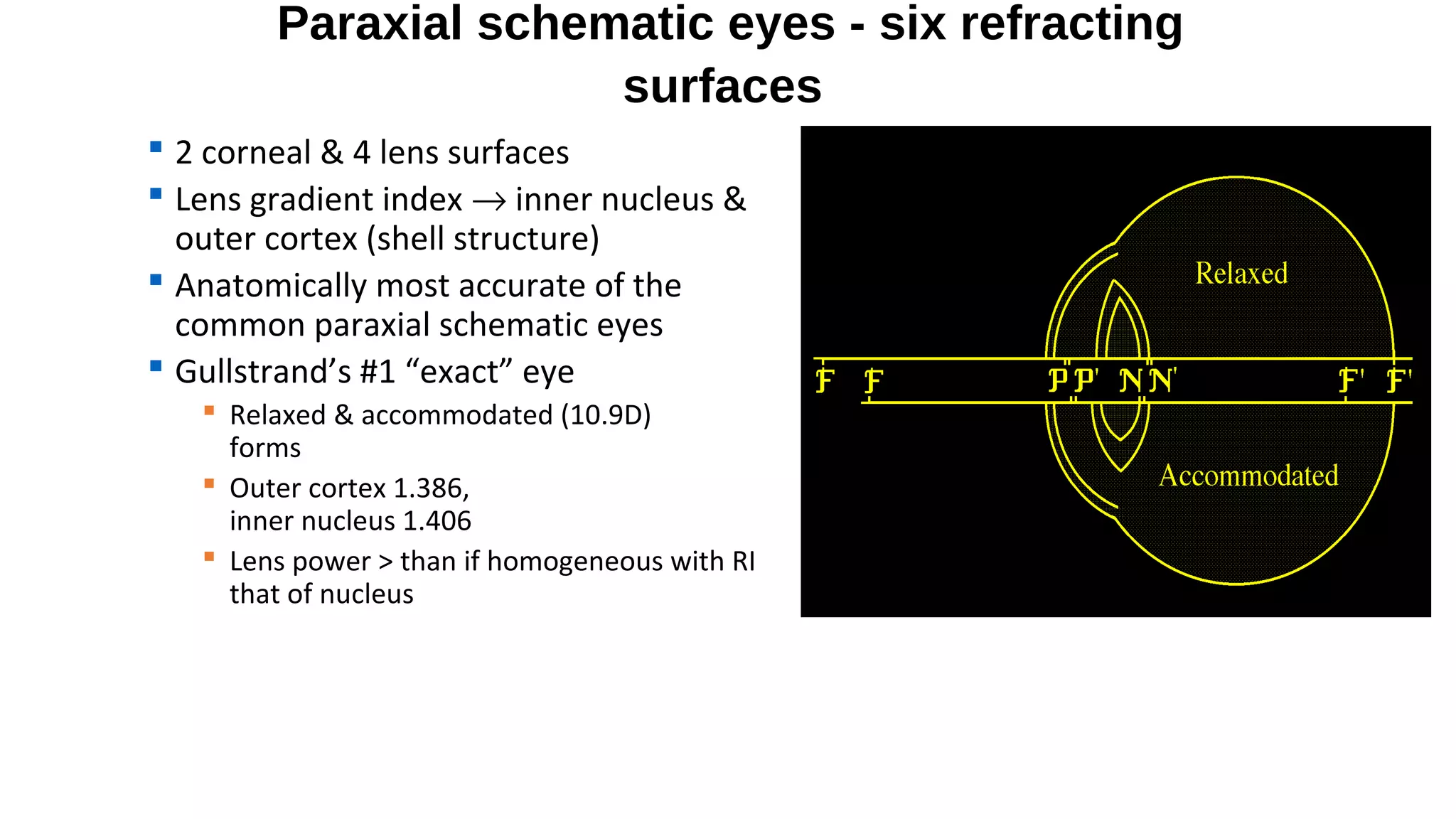 Paraxial schematic eyes - six refracting
surfaces
 2 corneal & 4 lens surfaces
 Lens gradient index → inner nucleus &
outer cortex (shell structure)
 Anatomically most accurate of the
common paraxial schematic eyes
 Gullstrand’s #1 “exact” eye
 Relaxed & accommodated (10.9D)
forms
 Outer cortex 1.386,
inner nucleus 1.406
 Lens power > than if homogeneous with RI
that of nucleus

 