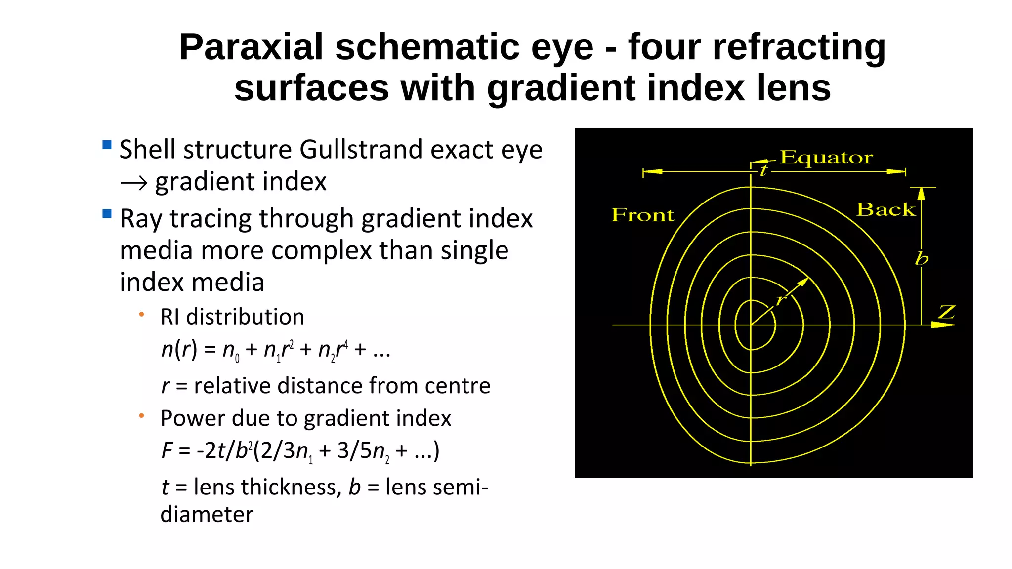 Paraxial schematic eye - four refracting
surfaces with gradient index lens
 Shell structure Gullstrand exact eye
→ gradient index
 Ray tracing through gradient index
media more complex than single
index media
•

•

RI distribution
n(r) = n0 + n1r2 + n2r4 + ...
r = relative distance from centre
Power due to gradient index
F = -2t/b2(2/3n1 + 3/5n2 + ...)
t = lens thickness, b = lens semidiameter

 