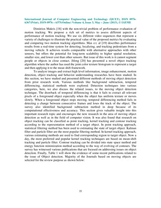 International Journal of Computer Engineering and Technology (IJCET), ISSN 0976-
6367(Print), ISSN 0976 – 6375(Online) Volume 4, Issue 3, May – June (2013), © IAEME
35
Dimitrios Makris [18] with the non-trivial problem of performance evaluation of
motion tracking. We propose a rich set of metrics to assess different aspects of
performance of motion tracking. We use six different video sequences that represent a
variety of challenges to illustrate the practical value of the proposed metrics by evaluating
and comparing two motion tracking algorithms. Max e.t. al [19] describes performance
results from a real-time system for detecting, localizing, and tracking pedestrians from a
moving vehicle. It achieves results comparable with alternative approaches with other
sensors, but offers the potential for long-term scalability to higher spatial resolution,
smaller size, and lower cost than other sensors. But issue of this work is it cannot segment
people or objects in close contact. Jifeng [20] has presented a novel object tracking
algorithm where the author has used the joint color texture histogram to represent a target
and then applying it to the mean shift framework.
To analyze images and extract high level information, image enhancement, motion
detection, object tracking and behavior understanding researches have been studied. In
this section, we have studied and presented different methods of moving object detection
from prior research work. Various methods like background subtraction, temporal
differencing, statistical methods were explored. Detection techniques into various
categories, here, we also discuss the related issues, to the moving object detection
technique. The drawback of temporal differencing is that it fails to extract all relevant
pixels of a foreground object especially when the object has uniform texture or moves
slowly. When a foreground object stops moving, temporal differencing method fails in
detecting a change between consecutive frames and loses the track of the object. The
survey also identified background subtraction method in deep because of its
computational effectiveness and accuracy. This section gives valuable insight into this
important research topic and encourages the new research in the area of moving object
detection as well as in the field of computer vision. It was also found that research on
object tracking can be classified as point tracking, kernel tracking and contour tracking
according to the representation method of a target object. In point tracking approach,
statistical filtering method has been used to estimating the state of target object. Kalman
filter and particle filter are the most popular filtering method. In kernel tracking approach,
various estimating methods are used to find corresponding region to target object. Now a
day, the most preferred and popular kernel tracking techniques are based on mean-shift
tracking and particle filter. Contour tracking can be divided into state space method and
energy function minimization method according to the way of evolving of contours. The
survey has witnessed various publications that are focused on addressing issues on object
detection. Finally, Table 1 will show the evidence of some recent publications related to
the issue of Object detection. Majority of the Journals based on moving objects are
selected for the review purpose as shown below:
 