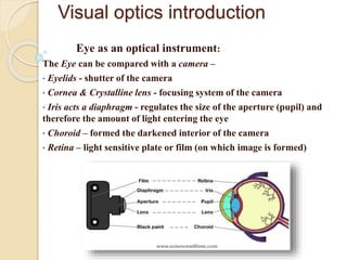 Visual optics introduction
Eye as an optical instrument:
The Eye can be compared with a camera –
• Eyelids - shutter of the camera
• Cornea & Crystalline lens - focusing system of the camera
• Iris acts a diaphragm - regulates the size of the aperture (pupil) and
therefore the amount of light entering the eye
• Choroid – formed the darkened interior of the camera
• Retina – light sensitive plate or film (on which image is formed)
 
