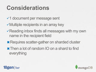 Considerations
1 document per message sent
Multiple recipients in an array key
Reading inbox finds all messages with my own
name in the recipient field
✖Requires scatter-gather on sharded cluster
✖Then a lot of random IO on a shard to find
everything
 