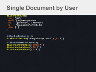 db.users.findOne()
{ _id: "joe",
email: "joe@example.com,
fb: "joe.smith", // facebook
li: "joe.e.smith", // linkedin
other: {…}
}
// Shard collection by _id
db.shardCollection("mongodbdays.users", { _id: 1 } )
// Create indexes on each key
db.users.ensureIndex( { email: 1} )
db.users.ensureIndex( { fb: 1 } )
db.users.ensureIndex( { li: 1 } )
Single Document by User
 