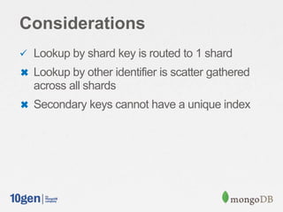 Considerations
 Lookup by shard key is routed to 1 shard
✖ Lookup by other identifier is scatter gathered
across all shards
✖ Secondary keys cannot have a unique index
 