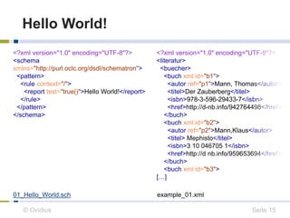 Hello World! 
<?xml version="1.0" encoding="UTF-8"?> 
<schema 
xmlns="http://purl.oclc.org/dsdl/schematron"> 
<pattern> 
<rule context="/"> 
<report test="true()">Hello World!</report> 
</rule> 
</pattern> 
</schema> 
<?xml version="1.0" encoding="UTF-8"?> 
<literatur> 
<buecher> 
<buch xml:id="b1"> 
<autor ref="p1">Mann, Thomas</autor> 
<titel>Der Zauberberg</titel> 
<isbn>978-3-596-29433-7</isbn> 
<href>http://d-nb.info/942764498</href> 
</buch> 
<buch xml:id="b2"> 
<autor ref="p2">Mann,Klaus</autor> 
<titel> Mephisto</titel> 
<isbn>3 10 046705 1</isbn> 
<href>http://d nb.info/959653694</href> 
</buch> 
<buch xml:id="b3"> 
[…] 
01_Hello_World.sch example_01.xml 
© Ovidius Seite 15 
 