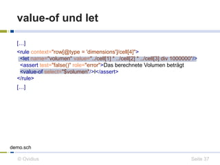 value-of und let 
[…] 
<rule context="row[@type = 'dimensions']/cell[4]"> 
<let name="volumen" value="../cell[1] * ../cell[2] * ../cell[3] div 1000000"/> 
<assert test="false()" role="error">Das berechnete Volumen beträgt 
<value-of select="$volumen"/>l</assert> 
</rule> 
[…] 
demo.sch 
© Ovidius Seite 37 
 