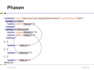 Phasen 
<schema xmlns="http://purl.oclc.org/dsdl/schematron" queryBinding="xslt2"> 
<phase id="text"> 
<active pattern="text_01"/> 
</phase> 
<phase id="structure"> 
<active pattern="struct_01"/> 
<active pattern="calc_01"/> 
</phase> 
[…] 
<pattern id="text_01"> 
[…] 
<pattern id="struct_01"> 
[…] 
<pattern id="calc_01"> 
demo.sch 
© Ovidius Seite 38 
 
