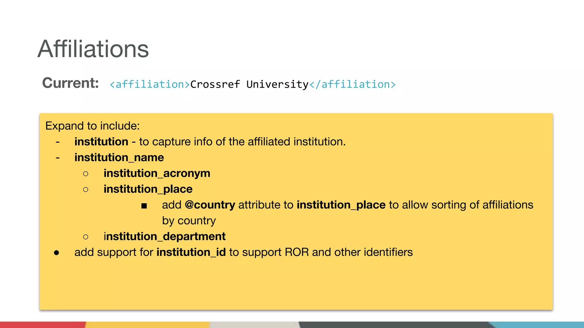 Aﬃliations
Expand to include:
- institution - to capture info of the aﬃliated institution.
- institution_name
○ institution_acronym
○ institution_place
■ add @country attribute to institution_place to allow sorting of aﬃliations
by country
○ institution_department
● add support for institution_id to support ROR and other identiﬁers
Current: <affiliation>Crossref University</affiliation>
 