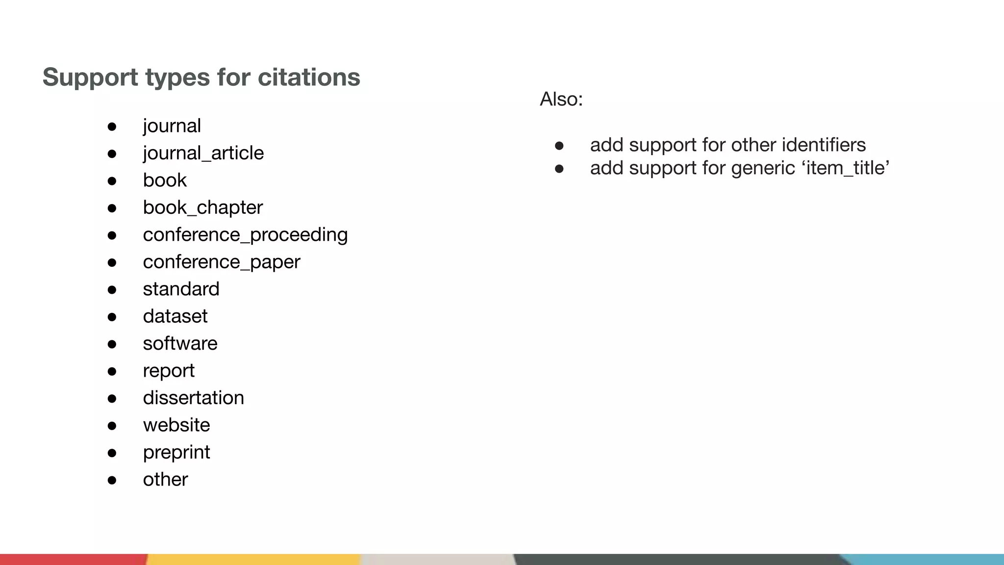 Support types for citations
● journal
● journal_article
● book
● book_chapter
● conference_proceeding
● conference_paper
● standard
● dataset
● software
● report
● dissertation
● website
● preprint
● other
Also:
● add support for other identiﬁers
● add support for generic ‘item_title’
 