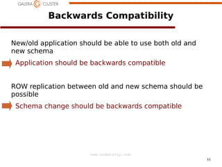 Backwards Compatibility
New/old application should be able to use both old and
new schema
Application should be backwards compatible
ROW replication between old and new schema should be
possible
Schema change should be backwards compatible

www.codership.com
11

 