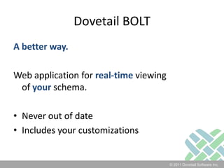 Dovetail BOLTA better way.Web application for real-time viewing of your schema.Never out of dateIncludes your customizations