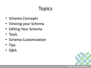 TopicsSchema ConceptsViewing your SchemaEditing Your SchemaToolsSchema CustomizationTipsQ&A