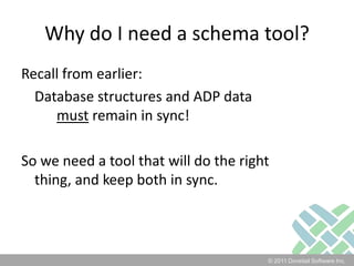 Why do I need a schema tool?Recall from earlier:	Database structures and ADP data must remain in sync!So we need a tool that will do the right thing, and keep both in sync.