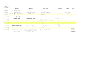 Sunday
Påskdagen
                            Upper Barn                            Big Annex                               Small Annex                            Strawbale               Chapell           Café

4.30-6.45                Sadhana – Annki

7.00-8.30                 Hatha Yoga - Sky                  Anusara yoga - Helena                   Mahamudra - Yogananda                                              Silent sitting
              Live music together with Klas Landahl.            Flow with life                                                                                          7.30-8.30
8.15-9.45                                                                                           Breakfast

10.00-11.15               Morning Meeting

                                                                                                                                          Healing the Past - Pauli &
                         5Rhythms - Hege                    Swaroopa Yoga - Tirild
11.30-13.15                                                                                        Body Mind Herbalism - Janne                     Lamhita
                                                                                            - medicinal plants and your inner landscape
13.15-15.00                                                                                            Lunch

15.00-16.00                                                                                          Sharing

                                                                                                                                           Rocket Yoga for Men -
                     Authentic Movement - Åsa
16.30-18.30                                                Goddess Yoga - Mahima                      Andning - Yogandanda                       Magnus

18.30-20.00                                                                                           Dinner
                                                                                                                                                                                        Café Open
20.00-21.30          Lifedancing - Carina-Maria         Touch and be touched Intouch              Sound Healing - Trond & Linda                                                         Open Stage
                                                       Contact Improvisation as a Tantric
                                                                                                                                                                                        21.30-23.00
                         The power of YES                     experience. Petra
 