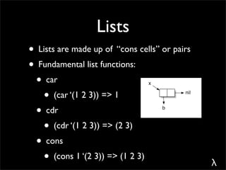 Lists
• Lists are made up of “cons cells” or pairs
• Fundamental list functions:
 • car
   • (car ‘(1 2 3)) => 1
 • cdr
   • (cdr ‘(1 2 3)) => (2 3)
 • cons
   • (cons 1 ‘(2 3)) => (1 2 3)                λ
 