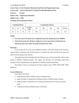w.e.f Academic Year 2012-13 ‘G’ Scheme
MSBTE - Final Copy Dt. 15/06/2012 1720418
Course Name : Civil, Chemical, Mechanical and Electrical Engineering Group
Course Code : AE/CE/CH/CR/CS/CV/EE/EP/FE/ME/MH/MI/PG/PT/PS
Semester : Second
Subject Title : Engineering Mechanics
Subject Code : 17204
Teaching and Examination Scheme:
Teaching Scheme Examination Scheme
TH TU PR
PAPER
HRS
TH PR OR TW TOTAL
03 01 02 03 100 -- -- 25@ 125
NOTE:
 Two tests each of 25 marks to be conducted as per the schedule given by MSBTE.
 Total of tests marks for all theory subjects are to be converted out of 50 and to be
entered in mark sheet under the head Sessional Work. (SW)
Rationale:
In day to day life we come across different structures, at the time design of the structures
analysis plays an important role. Perfect analysis is possible only when one known the types and
effect of forces acting on the structure.
This subject provides knowledge about the different types of forces/loads their effects while
acting in different conditions/systems. The subject also provides the knowledge about basic
concepts of laws of engineering, their application to different engineering problem.
This subjects work as a prerequisite for future subjects such as MOS, SOM, DOS, TOM,
DOM. Etc.
General Objectives:
The students will able to:
 Understand the effect of different types of coplanar forces.
 Apply Principles of equilibrium in finding reactions of different types of beams.
 Apply principles of equilibrium for locating centroid and centre of gravity for given
solids.
 Understand working of different types of machines.
 