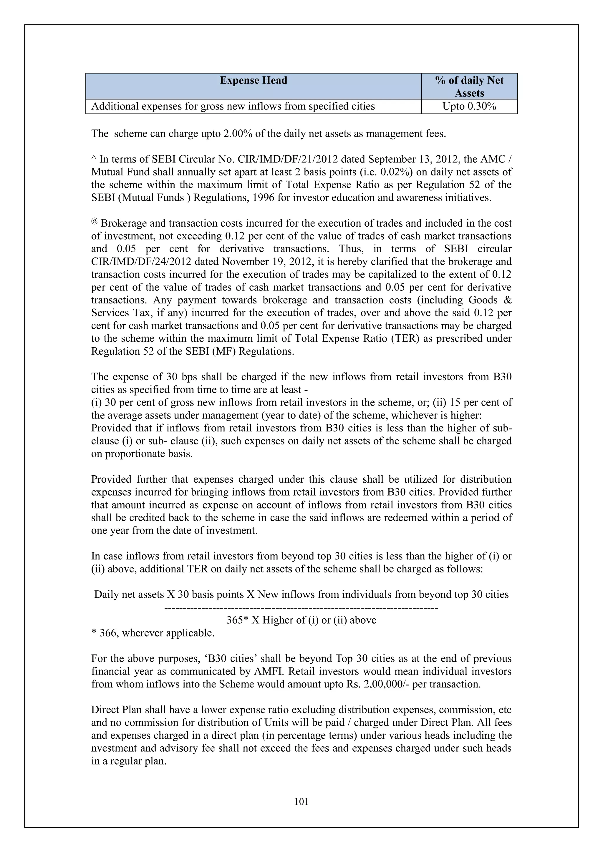 101
Expense Head % of daily Net
Assets
Additional expenses for gross new inflows from specified cities Upto 0.30%
The scheme can charge upto 2.00% of the daily net assets as management fees.
^ In terms of SEBI Circular No. CIR/IMD/DF/21/2012 dated September 13, 2012, the AMC /
Mutual Fund shall annually set apart at least 2 basis points (i.e. 0.02%) on daily net assets of
the scheme within the maximum limit of Total Expense Ratio as per Regulation 52 of the
SEBI (Mutual Funds ) Regulations, 1996 for investor education and awareness initiatives.
@
Brokerage and transaction costs incurred for the execution of trades and included in the cost
of investment, not exceeding 0.12 per cent of the value of trades of cash market transactions
and 0.05 per cent for derivative transactions. Thus, in terms of SEBI circular
CIR/IMD/DF/24/2012 dated November 19, 2012, it is hereby clarified that the brokerage and
transaction costs incurred for the execution of trades may be capitalized to the extent of 0.12
per cent of the value of trades of cash market transactions and 0.05 per cent for derivative
transactions. Any payment towards brokerage and transaction costs (including Goods &
Services Tax, if any) incurred for the execution of trades, over and above the said 0.12 per
cent for cash market transactions and 0.05 per cent for derivative transactions may be charged
to the scheme within the maximum limit of Total Expense Ratio (TER) as prescribed under
Regulation 52 of the SEBI (MF) Regulations.
The expense of 30 bps shall be charged if the new inflows from retail investors from B30
cities as specified from time to time are at least -
(i) 30 per cent of gross new inflows from retail investors in the scheme, or; (ii) 15 per cent of
the average assets under management (year to date) of the scheme, whichever is higher:
Provided that if inflows from retail investors from B30 cities is less than the higher of sub-
clause (i) or sub- clause (ii), such expenses on daily net assets of the scheme shall be charged
on proportionate basis.
Provided further that expenses charged under this clause shall be utilized for distribution
expenses incurred for bringing inflows from retail investors from B30 cities. Provided further
that amount incurred as expense on account of inflows from retail investors from B30 cities
shall be credited back to the scheme in case the said inflows are redeemed within a period of
one year from the date of investment.
In case inflows from retail investors from beyond top 30 cities is less than the higher of (i) or
(ii) above, additional TER on daily net assets of the scheme shall be charged as follows:
Daily net assets X 30 basis points X New inflows from individuals from beyond top 30 cities
--------------------------------------------------------------------------
365* X Higher of (i) or (ii) above
* 366, wherever applicable.
For the above purposes, ‘B30 cities’ shall be beyond Top 30 cities as at the end of previous
financial year as communicated by AMFI. Retail investors would mean individual investors
from whom inflows into the Scheme would amount upto Rs. 2,00,000/- per transaction.
Direct Plan shall have a lower expense ratio excluding distribution expenses, commission, etc
and no commission for distribution of Units will be paid / charged under Direct Plan. All fees
and expenses charged in a direct plan (in percentage terms) under various heads including the
nvestment and advisory fee shall not exceed the fees and expenses charged under such heads
in a regular plan.
 