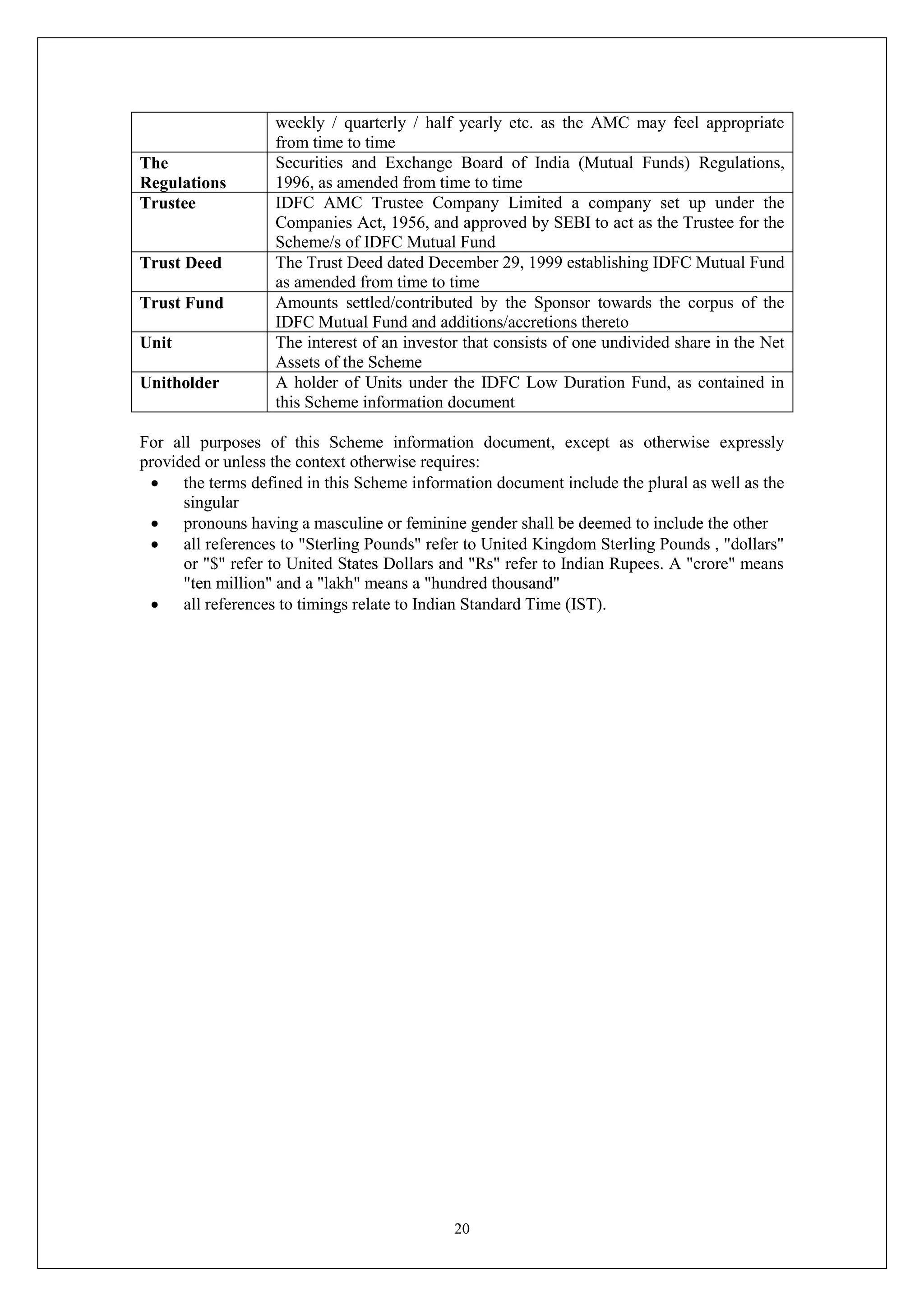 20
weekly / quarterly / half yearly etc. as the AMC may feel appropriate
from time to time
The
Regulations
Securities and Exchange Board of India (Mutual Funds) Regulations,
1996, as amended from time to time
Trustee IDFC AMC Trustee Company Limited a company set up under the
Companies Act, 1956, and approved by SEBI to act as the Trustee for the
Scheme/s of IDFC Mutual Fund
Trust Deed The Trust Deed dated December 29, 1999 establishing IDFC Mutual Fund
as amended from time to time
Trust Fund Amounts settled/contributed by the Sponsor towards the corpus of the
IDFC Mutual Fund and additions/accretions thereto
Unit The interest of an investor that consists of one undivided share in the Net
Assets of the Scheme
Unitholder A holder of Units under the IDFC Low Duration Fund, as contained in
this Scheme information document
For all purposes of this Scheme information document, except as otherwise expressly
provided or unless the context otherwise requires:
 the terms defined in this Scheme information document include the plural as well as the
singular
 pronouns having a masculine or feminine gender shall be deemed to include the other
 all references to "Sterling Pounds" refer to United Kingdom Sterling Pounds , "dollars"
or "$" refer to United States Dollars and "Rs" refer to Indian Rupees. A "crore" means
"ten million" and a "lakh" means a "hundred thousand"
 all references to timings relate to Indian Standard Time (IST).
 
