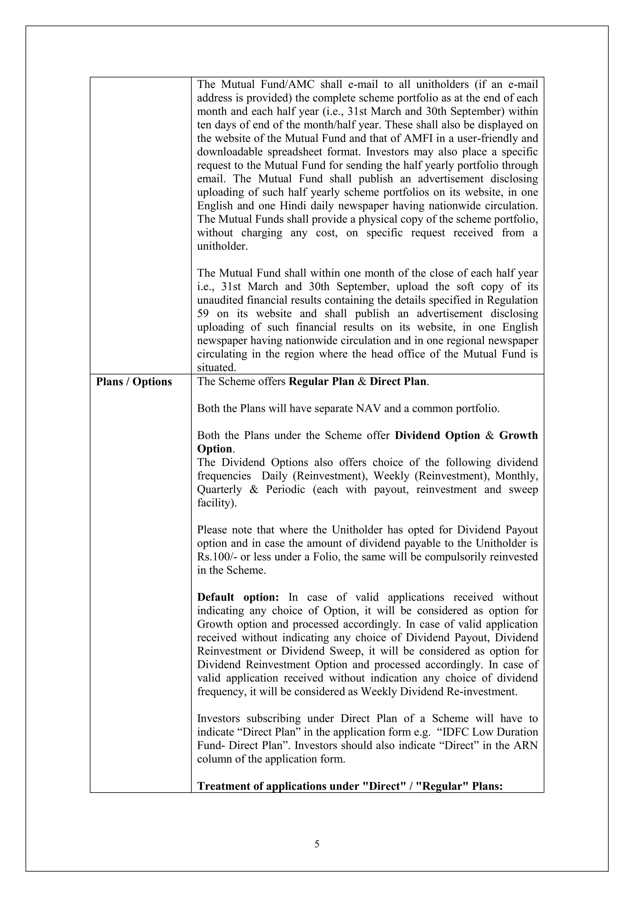 5
The Mutual Fund/AMC shall e-mail to all unitholders (if an e-mail
address is provided) the complete scheme portfolio as at the end of each
month and each half year (i.e., 31st March and 30th September) within
ten days of end of the month/half year. These shall also be displayed on
the website of the Mutual Fund and that of AMFI in a user-friendly and
downloadable spreadsheet format. Investors may also place a specific
request to the Mutual Fund for sending the half yearly portfolio through
email. The Mutual Fund shall publish an advertisement disclosing
uploading of such half yearly scheme portfolios on its website, in one
English and one Hindi daily newspaper having nationwide circulation.
The Mutual Funds shall provide a physical copy of the scheme portfolio,
without charging any cost, on specific request received from a
unitholder.
The Mutual Fund shall within one month of the close of each half year
i.e., 31st March and 30th September, upload the soft copy of its
unaudited financial results containing the details specified in Regulation
59 on its website and shall publish an advertisement disclosing
uploading of such financial results on its website, in one English
newspaper having nationwide circulation and in one regional newspaper
circulating in the region where the head office of the Mutual Fund is
situated.
Plans / Options The Scheme offers Regular Plan & Direct Plan.
Both the Plans will have separate NAV and a common portfolio.
Both the Plans under the Scheme offer Dividend Option & Growth
Option.
The Dividend Options also offers choice of the following dividend
frequencies Daily (Reinvestment), Weekly (Reinvestment), Monthly,
Quarterly & Periodic (each with payout, reinvestment and sweep
facility).
Please note that where the Unitholder has opted for Dividend Payout
option and in case the amount of dividend payable to the Unitholder is
Rs.100/- or less under a Folio, the same will be compulsorily reinvested
in the Scheme.
Default option: In case of valid applications received without
indicating any choice of Option, it will be considered as option for
Growth option and processed accordingly. In case of valid application
received without indicating any choice of Dividend Payout, Dividend
Reinvestment or Dividend Sweep, it will be considered as option for
Dividend Reinvestment Option and processed accordingly. In case of
valid application received without indication any choice of dividend
frequency, it will be considered as Weekly Dividend Re-investment.
Investors subscribing under Direct Plan of a Scheme will have to
indicate “Direct Plan” in the application form e.g. “IDFC Low Duration
Fund- Direct Plan”. Investors should also indicate “Direct” in the ARN
column of the application form.
Treatment of applications under "Direct" / "Regular" Plans:
 