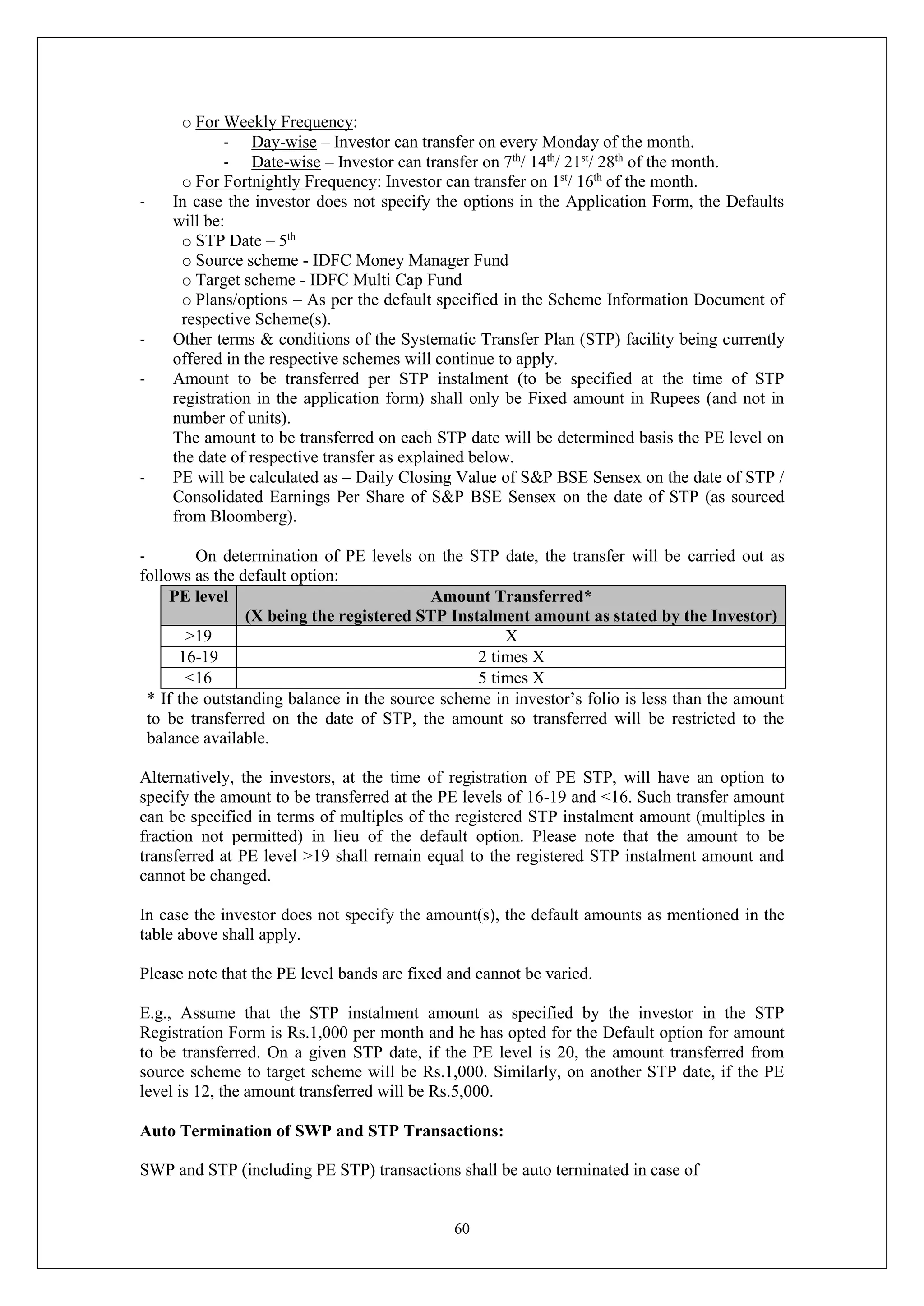 60
o For Weekly Frequency:
- Day-wise – Investor can transfer on every Monday of the month.
- Date-wise – Investor can transfer on 7th
/ 14th
/ 21st
/ 28th
of the month.
o For Fortnightly Frequency: Investor can transfer on 1st
/ 16th
of the month.
- In case the investor does not specify the options in the Application Form, the Defaults
will be:
o STP Date – 5th
o Source scheme - IDFC Money Manager Fund
o Target scheme - IDFC Multi Cap Fund
o Plans/options – As per the default specified in the Scheme Information Document of
respective Scheme(s).
- Other terms & conditions of the Systematic Transfer Plan (STP) facility being currently
offered in the respective schemes will continue to apply.
- Amount to be transferred per STP instalment (to be specified at the time of STP
registration in the application form) shall only be Fixed amount in Rupees (and not in
number of units).
The amount to be transferred on each STP date will be determined basis the PE level on
the date of respective transfer as explained below.
- PE will be calculated as – Daily Closing Value of S&P BSE Sensex on the date of STP /
Consolidated Earnings Per Share of S&P BSE Sensex on the date of STP (as sourced
from Bloomberg).
- On determination of PE levels on the STP date, the transfer will be carried out as
follows as the default option:
PE level Amount Transferred*
(X being the registered STP Instalment amount as stated by the Investor)
>19 X
16-19 2 times X
<16 5 times X
* If the outstanding balance in the source scheme in investor’s folio is less than the amount
to be transferred on the date of STP, the amount so transferred will be restricted to the
balance available.
Alternatively, the investors, at the time of registration of PE STP, will have an option to
specify the amount to be transferred at the PE levels of 16-19 and <16. Such transfer amount
can be specified in terms of multiples of the registered STP instalment amount (multiples in
fraction not permitted) in lieu of the default option. Please note that the amount to be
transferred at PE level >19 shall remain equal to the registered STP instalment amount and
cannot be changed.
In case the investor does not specify the amount(s), the default amounts as mentioned in the
table above shall apply.
Please note that the PE level bands are fixed and cannot be varied.
E.g., Assume that the STP instalment amount as specified by the investor in the STP
Registration Form is Rs.1,000 per month and he has opted for the Default option for amount
to be transferred. On a given STP date, if the PE level is 20, the amount transferred from
source scheme to target scheme will be Rs.1,000. Similarly, on another STP date, if the PE
level is 12, the amount transferred will be Rs.5,000.
Auto Termination of SWP and STP Transactions:
SWP and STP (including PE STP) transactions shall be auto terminated in case of
 