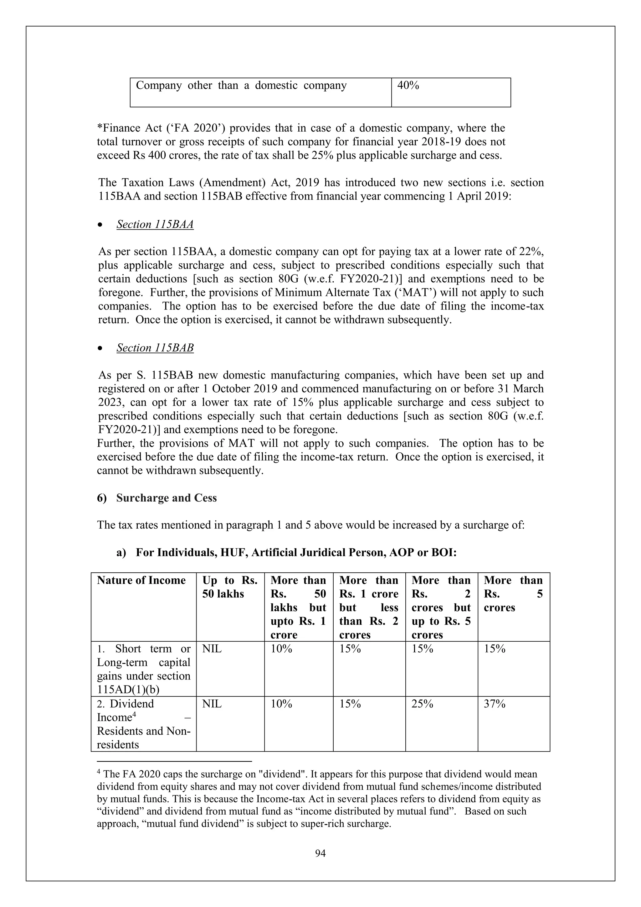 94
Company other than a domestic company 40%
*Finance Act (‘FA 2020’) provides that in case of a domestic company, where the
total turnover or gross receipts of such company for financial year 2018-19 does not
exceed Rs 400 crores, the rate of tax shall be 25% plus applicable surcharge and cess.
The Taxation Laws (Amendment) Act, 2019 has introduced two new sections i.e. section
115BAA and section 115BAB effective from financial year commencing 1 April 2019:
 Section 115BAA
As per section 115BAA, a domestic company can opt for paying tax at a lower rate of 22%,
plus applicable surcharge and cess, subject to prescribed conditions especially such that
certain deductions [such as section 80G (w.e.f. FY2020-21)] and exemptions need to be
foregone. Further, the provisions of Minimum Alternate Tax (‘MAT’) will not apply to such
companies. The option has to be exercised before the due date of filing the income-tax
return. Once the option is exercised, it cannot be withdrawn subsequently.
 Section 115BAB
As per S. 115BAB new domestic manufacturing companies, which have been set up and
registered on or after 1 October 2019 and commenced manufacturing on or before 31 March
2023, can opt for a lower tax rate of 15% plus applicable surcharge and cess subject to
prescribed conditions especially such that certain deductions [such as section 80G (w.e.f.
FY2020-21)] and exemptions need to be foregone.
Further, the provisions of MAT will not apply to such companies. The option has to be
exercised before the due date of filing the income-tax return. Once the option is exercised, it
cannot be withdrawn subsequently.
6) Surcharge and Cess
The tax rates mentioned in paragraph 1 and 5 above would be increased by a surcharge of:
a) For Individuals, HUF, Artificial Juridical Person, AOP or BOI:
Nature of Income Up to Rs.
50 lakhs
More than
Rs. 50
lakhs but
upto Rs. 1
crore
More than
Rs. 1 crore
but less
than Rs. 2
crores
More than
Rs. 2
crores but
up to Rs. 5
crores
More than
Rs. 5
crores
1. Short term or
Long-term capital
gains under section
115AD(1)(b)
NIL 10% 15% 15% 15%
2. Dividend
Income4
–
Residents and Non-
residents
NIL 10% 15% 25% 37%
4
The FA 2020 caps the surcharge on "dividend". It appears for this purpose that dividend would mean
dividend from equity shares and may not cover dividend from mutual fund schemes/income distributed
by mutual funds. This is because the Income-tax Act in several places refers to dividend from equity as
“dividend” and dividend from mutual fund as “income distributed by mutual fund”. Based on such
approach, “mutual fund dividend” is subject to super-rich surcharge.
 