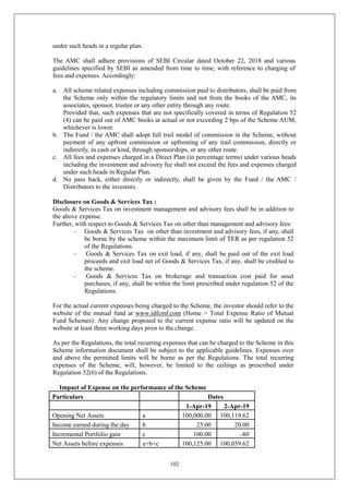 102
under such heads in a regular plan.
The AMC shall adhere provisions of SEBI Circular dated October 22, 2018 and various
guidelines specified by SEBI as amended from time to time, with reference to charging of
fees and expenses. Accordingly:
a. All scheme related expenses including commission paid to distributors, shall be paid from
the Scheme only within the regulatory limits and not from the books of the AMC, its
associates, sponsor, trustee or any other entity through any route.
Provided that, such expenses that are not specifically covered in terms of Regulation 52
(4) can be paid out of AMC books at actual or not exceeding 2 bps of the Scheme AUM,
whichever is lower.
b. The Fund / the AMC shall adopt full trail model of commission in the Scheme, without
payment of any upfront commission or upfronting of any trail commission, directly or
indirectly, in cash or kind, through sponsorships, or any other route.
c. All fees and expenses charged in a Direct Plan (in percentage terms) under various heads
including the investment and advisory fee shall not exceed the fees and expenses charged
under such heads in Regular Plan.
d. No pass back, either directly or indirectly, shall be given by the Fund / the AMC /
Distributors to the investors.
Disclosure on Goods & Services Tax :
Goods & Services Tax on investment management and advisory fees shall be in addition to
the above expense.
Further, with respect to Goods & Services Tax on other than management and advisory fees:
- Goods & Services Tax on other than investment and advisory fees, if any, shall
be borne by the scheme within the maximum limit of TER as per regulation 52
of the Regulations.
- Goods & Services Tax on exit load, if any, shall be paid out of the exit load
proceeds and exit load net of Goods & Services Tax, if any, shall be credited to
the scheme.
- Goods & Services Tax on brokerage and transaction cost paid for asset
purchases, if any, shall be within the limit prescribed under regulation 52 of the
Regulations.
For the actual current expenses being charged to the Scheme, the investor should refer to the
website of the mutual fund at www.idfcmf.com (Home > Total Expense Ratio of Mutual
Fund Schemes). Any change proposed to the current expense ratio will be updated on the
website at least three working days prior to the change.
As per the Regulations, the total recurring expenses that can be charged to the Scheme in this
Scheme information document shall be subject to the applicable guidelines. Expenses over
and above the permitted limits will be borne as per the Regulations. The total recurring
expenses of the Scheme, will, however, be limited to the ceilings as prescribed under
Regulation 52(6) of the Regulations.
Impact of Expense on the performance of the Scheme
Particulars Dates
1-Apr-19 2-Apr-19
Opening Net Assets a 100,000.00 100,119.62
Income earned during the day b 25.00 20.00
Incremental Portfolio gain c 100.00 -80
Net Assets before expenses a+b+c 100,125.00 100,059.62
 