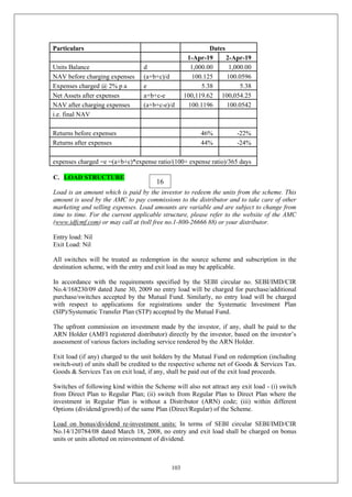 103
Particulars Dates
1-Apr-19 2-Apr-19
Units Balance d 1,000.00 1,000.00
NAV before charging expenses (a+b+c)/d 100.125 100.0596
Expenses charged @ 2% p a e 5.38 5.38
Net Assets after expenses a+b+c-e 100,119.62 100,054.25
NAV after charging expenses (a+b+c-e)/d 100.1196 100.0542
i.e. final NAV
Returns before expenses 46% -22%
Returns after expenses 44% -24%
expenses charged =e =(a+b+c)*expense ratio/(100+ expense ratio)/365 days
C. LOAD STRUCTURE
Load is an amount which is paid by the investor to redeem the units from the scheme. This
amount is used by the AMC to pay commissions to the distributor and to take care of other
marketing and selling expenses. Load amounts are variable and are subject to change from
time to time. For the current applicable structure, please refer to the website of the AMC
(www.idfcmf.com) or may call at (toll free no.1-800-26666 88) or your distributor.
Entry load: Nil
Exit Load: Nil
All switches will be treated as redemption in the source scheme and subscription in the
destination scheme, with the entry and exit load as may be applicable.
In accordance with the requirements specified by the SEBI circular no. SEBI/IMD/CIR
No.4/168230/09 dated June 30, 2009 no entry load will be charged for purchase/additional
purchase/switches accepted by the Mutual Fund. Similarly, no entry load will be charged
with respect to applications for registrations under the Systematic Investment Plan
(SIP)/Systematic Transfer Plan (STP) accepted by the Mutual Fund.
The upfront commission on investment made by the investor, if any, shall be paid to the
ARN Holder (AMFI registered distributor) directly by the investor, based on the investor’s
assessment of various factors including service rendered by the ARN Holder.
Exit load (if any) charged to the unit holders by the Mutual Fund on redemption (including
switch-out) of units shall be credited to the respective scheme net of Goods & Services Tax.
Goods & Services Tax on exit load, if any, shall be paid out of the exit load proceeds.
Switches of following kind within the Scheme will also not attract any exit load - (i) switch
from Direct Plan to Regular Plan; (ii) switch from Regular Plan to Direct Plan where the
investment in Regular Plan is without a Distributor (ARN) code; (iii) within different
Options (dividend/growth) of the same Plan (Direct/Regular) of the Scheme.
Load on bonus/dividend re-investment units: In terms of SEBI circular SEBI/IMD/CIR
No.14/120784/08 dated March 18, 2008, no entry and exit load shall be charged on bonus
units or units allotted on reinvestment of dividend.
16
 