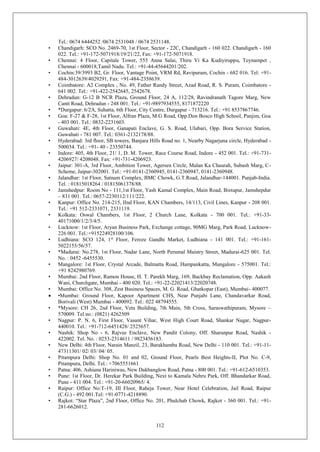 112
Tel.: 0674 6444252 /0674 2531048 / 0674 2531148.
• Chandigarh: SCO No. 2469-70, 1st Floor, Sector - 22C, Chandigarh - 160 022. Chandigarh - 160
022. Tel.: +91-172-5071918/19/21/22, Fax: +91-172-5071918.
• Chennai: 4 Floor, Capitale Tower, 555 Anna Salai, Thiru Vi Ka Kudiyiruppu, Teynampet ,
Chennai - 600018,Tamil Nadu. Tel.: +91-44-45644201/202.
• Cochin:39/3993 B2, Gr. Floor, Vantage Point, VRM Rd, Ravipuram, Cochin - 682 016. Tel: +91-
484-3012639/4029291, Fax: +91-484-2358639.
• Coimbatore: A2 Complex , No. 49, Father Randy Street, Azad Road, R. S. Puram, Coimbatore -
641 002. Tel.: +91-422-2542645, 2542678.
• Dehradun: G-12 B NCR Plaza, Ground Floor, 24 A, 112/28, Ravindranath Tagore Marg, New
Cantt Road, Dehradun - 248 001. Tel.: +91-9897934555, 8171872220
• *Durgapur: 6/2A, Suhatta, 6th Floor, City Centre, Durgapur - 713216. Tel.: +91 8537867746.
• Goa: F-27 & F-28, 1st Floor, Alfran Plaza, M.G Road, Opp.Don Bosco High School, Panjim, Goa
- 403 001. Tel.: 0832-2231603.
• Guwahati: 4E, 4th Floor, Ganapati Enclave, G. S. Road, Ulubari, Opp. Bora Service Station,
Guwahati - 781 007. Tel.: 0361-2132178/88.
• Hyderabad: 3rd floor, SB towers, Banjara Hills Road no. 1, Nearby Nagarjuna circle, Hyderabad -
500034. Tel.: +91- 40 - 23350744.
• Indore: 405, 4th Floor, 21/ 1, D. M. Tower, Race Course Road, Indore - 452 001. Tel.: +91-731-
4206927/ 4208048. Fax: +91-731-4206923.
• Jaipur: 301-A, 3rd Floor, Ambition Tower, Agersen Circle, Malan Ka Chaurah, Subash Marg, C-
Scheme, Jaipur-302001. Tel.: +91-0141-2360945, 0141-2360947, 0141-2360948.
• Jalandhar: 1st Floor, Satnam Complex, BMC Chowk, G.T.Road, Jalandhar-144001. Punjab-India.
Tel. : 01815018264 / 01815061378/88.
• Jamshedpur: Room No - 111,1st Floor, Yash Kamal Complex, Main Road, Bistupur, Jamshepdur
– 831 001. Tel.: 0657-2230112/111/222.
• Kanpur: Office No. 214-215, IInd Floor, KAN Chambers, 14/113, Civil Lines, Kanpur - 208 001.
Tel.: +91 512-2331071, 2331119.
• Kolkata: Oswal Chambers, 1st Floor, 2 Church Lane, Kolkata - 700 001. Tel.: +91-33-
40171000/1/2/3/4/5.
• Lucknow: 1st Floor, Aryan Business Park, Exchange cottage, 90MG Marg, Park Road, Lucknow-
226 001. Tel.:+915224928100/106.
• Ludhiana: SCO 124, 1st
Floor, Feroze Gandhi Market, Ludhiana - 141 001. Tel.: +91-161-
5022155/56/57.
• *Madurai: No.278, 1st Floor, Nadar Lane, North Perumal Maistry Street, Madurai-625 001. Tel.
No. : 0452 -6455530.
• Mangalore: 1st Floor, Crystal Arcade, Balmatta Road, Hampankatta, Mangalore - 575001. Tel.:
+91 8242980769.
• Mumbai: 2nd Floor, Ramon House, H. T. Parekh Marg, 169, Backbay Reclamation, Opp. Aakash
Wani, Churchgate, Mumbai - 400 020. Tel.: +91-22-22021413/22020748.
• Mumbai: Office No. 308, Zest Business Spaces, M. G. Road, Ghatkopar (East), Mumbai- 400077.
 •Mumbai: Ground Floor, Kapoor Apartment CHS, Near Punjabi Lane, Chandavarkar Road,
Borivali (West) Mumbai - 400092. Tel.: 022 48794555.
• *Mysore: CH 26, 2nd Floor, Veta Building, 7th Main, 5th Cross, Saraswathipuram, Mysore –
570009. Tel no.: (0821) 4262509
• Nagpur: P. N. 6, First Floor, Vasant Vihar, West High Court Road, Shankar Nagar, Nagpur-
440010. Tel.: +91-712-6451428/ 2525657.
• Nashik: Shop No - 6, Rajvee Enclave, New Pandit Colony, Off. Sharanpur Road, Nashik -
422002. Tel. No. : 0253-2314611 / 9823456183.
• New Delhi: 4th Floor, Narain Manzil, 23, Barakhamba Road, New Delhi - 110 001. Tel.: +91-11-
47311301/ 02/ 03/ 04/ 05.
• Pitampura Delhi: Shop No. 01 and 02, Ground Floor, Pearls Best Heights-II, Plot No. C-9,
Pitampura, Delhi. Tel.: +7065551661
• Patna: 406, Ashiana Hariniwas, New Dakbanglow Road, Patna - 800 001. Tel.: +91-612-6510353.
• Pune: 1st Floor, Dr. Herekar Park Building, Next to Kamala Nehru Park, Off. Bhandarkar Road,
Pune - 411 004. Tel.: +91-20-66020965/ 4.
• Raipur: Office No:T-19, III Floor, Raheja Tower, Near Hotel Celebration, Jail Road, Raipur
(C.G.) - 492 001.Tel: +91-0771-4218890.
• Rajkot: “Star Plaza”, 2nd Floor, Office No. 201, Phulchab Chowk, Rajkot - 360 001. Tel.: +91-
281-6626012.
 