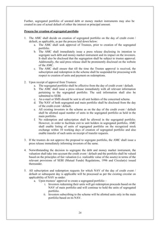 24
Further, segregated portfolio of unrated debt or money market instruments may also be
created in case of actual default of either the interest or principal amount.
Process for creation of segregated portfolio
1. The AMC shall decide on creation of segregated portfolio on the day of credit event /
default, as applicable, as per the process laid down below:
a. The AMC shall seek approval of Trustees, prior to creation of the segregated
portfolio.
b. The AMC shall immediately issue a press release disclosing its intention to
segregate such debt and money market instrument and its impact on the investors.
It shall also be disclosed that the segregation shall be subject to trustee approval.
Additionally, the said press release shall be prominently disclosed on the website
of the AMC.
c. The AMC shall ensure that till the time the Trustee approval is received, the
subscription and redemption in the scheme shall be suspended for processing with
respect to creation of units and payment on redemptions.
2. Upon receipt of approval from Trustees:
a. The segregated portfolio shall be effective from the day of credit event / default.
b. The AMC shall issue a press release immediately with all relevant information
pertaining to the segregated portfolio. The said information shall also be
submitted to SEBI.
c. An e-mail or SMS should be sent to all unit holders of the concerned scheme.
d. The NAV of both segregated and main portfolio shall be disclosed from the day
of the credit event / default.
e. All existing investors in the scheme as on the day of the credit event / default
shall be allotted equal number of units in the segregated portfolio as held in the
main portfolio.
f. No redemption and subscription shall be allowed in the segregated portfolio.
However, in order to facilitate exit to unit holders in segregated portfolio, AMC
shall enable listing of units of segregated portfolio on the recognized stock
exchange within 10 working days of creation of segregated portfolio and also
enable transfer of such units on receipt of transfer requests.
3. If the trustees do not approve the proposal to segregate portfolio, the AMC shall issue a
press release immediately informing investors of the same.
4. Notwithstanding the decision to segregate the debt and money market instrument, the
valuation shall take into account the credit event / default and the portfolio shall be valued
based on the principles of fair valuation (i.e. realizable value of the assets) in terms of the
relevant provisions of SEBI (Mutual Funds) Regulations, 1996 and Circular(s) issued
thereunder.
5. All subscription and redemption requests for which NAV of the day of credit event /
default or subsequent day is applicable will be processed as per the existing circular on
applicability of NAV as under:
a. Upon trustees’ approval to create a segregated portfolio –
i. Investors redeeming their units will get redemption proceeds based on the
NAV of main portfolio and will continue to hold the units of segregated
portfolio.
ii. Investors subscribing to the scheme will be allotted units only in the main
portfolio based on its NAV.
 