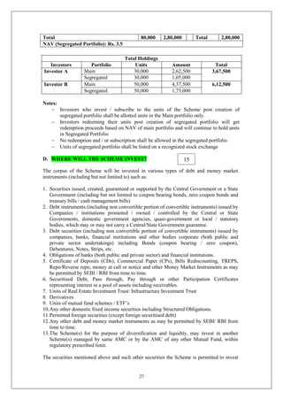 27
Total 80,000 2,80,000 Total 2,80,000
NAV (Segregated Portfolio): Rs. 3.5
Notes:
 Investors who invest / subscribe to the units of the Scheme post creation of
segregated portfolio shall be allotted units in the Main portfolio only.
 Investors redeeming their units post creation of segregated portfolio will get
redemption proceeds based on NAV of main portfolio and will continue to hold units
in Segregated Portfolio
 No redemption and / or subscription shall be allowed in the segregated portfolio
 Units of segregated portfolio shall be listed on a recognized stock exchange
D. WHERE WILL THE SCHEME INVEST?
The corpus of the Scheme will be invested in various types of debt and money market
instruments (including but not limited to) such as:
1. Securities issued, created, guaranteed or supported by the Central Government or a State
Government (including but not limited to coupon bearing bonds, zero coupon bonds and
treasury bills / cash management bills)
2. Debt instruments (including non convertible portion of convertible instruments) issued by
Companies / institutions promoted / owned / controlled by the Central or State
Governments, domestic government agencies, quasi-government or local / statutory
bodies, which may or may not carry a Central/State Government guarantee.
3. Debt securities (including non convertible portion of convertible instruments) issued by
companies, banks, financial institutions and other bodies corporate (both public and
private sector undertakings) including Bonds (coupon bearing / zero coupon),
Debentures, Notes, Strips, etc.
4. Obligations of banks (both public and private sector) and financial institutions.
5. Certificate of Deposits (CDs), Commercial Paper (CPs), Bills Rediscounting, TREPS,
Repo/Reverse repo, money at call or notice and other Money Market Instruments as may
be permitted by SEBI / RBI from time to time.
6. Securitised Debt, Pass through, Pay through or other Participation Certificates
representing interest in a pool of assets including receivables.
7. Units of Real Estate Investment Trust/ Infrastructure Investment Trust
8. Derivatives
9. Units of mutual fund schemes / ETF’s
10.Any other domestic fixed income securities including Structured Obligations.
11.Permitted foreign securities (except foreign securitised debt)
12.Any other debt and money market instruments as may be permitted by SEBI/ RBI from
time to time.
13.The Scheme(s) for the purpose of diversification and liquidity, may invest in another
Scheme(s) managed by same AMC or by the AMC of any other Mutual Fund, within
regulatory prescribed limit.
The securities mentioned above and such other securities the Scheme is permitted to invest
Total Holdings
Investors Portfolio Units Amount Total
Investor A Main 30,000 2,62,500 3,67,500
Segregated 30,000 1,05,000
Investor B Main 50,000 4,37,500 6,12,500
Segregated 50,000 1,75,000
15
 