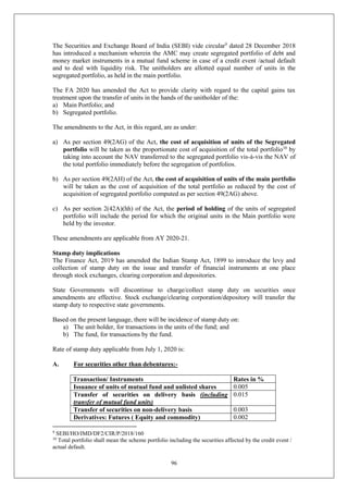 96
The Securities and Exchange Board of India (SEBI) vide circular9
dated 28 December 2018
has introduced a mechanism wherein the AMC may create segregated portfolio of debt and
money market instruments in a mutual fund scheme in case of a credit event /actual default
and to deal with liquidity risk. The unitholders are allotted equal number of units in the
segregated portfolio, as held in the main portfolio.
The FA 2020 has amended the Act to provide clarity with regard to the capital gains tax
treatment upon the transfer of units in the hands of the unitholder of the:
a) Main Portfolio; and
b) Segregated portfolio.
The amendments to the Act, in this regard, are as under:
a) As per section 49(2AG) of the Act, the cost of acquisition of units of the Segregated
portfolio will be taken as the proportionate cost of acquisition of the total portfolio10
by
taking into account the NAV transferred to the segregated portfolio vis-à-vis the NAV of
the total portfolio immediately before the segregation of portfolios.
b) As per section 49(2AH) of the Act, the cost of acquisition of units of the main portfolio
will be taken as the cost of acquisition of the total portfolio as reduced by the cost of
acquisition of segregated portfolio computed as per section 49(2AG) above.
c) As per section 2(42A)(hh) of the Act, the period of holding of the units of segregated
portfolio will include the period for which the original units in the Main portfolio were
held by the investor.
These amendments are applicable from AY 2020-21.
Stamp duty implications
The Finance Act, 2019 has amended the Indian Stamp Act, 1899 to introduce the levy and
collection of stamp duty on the issue and transfer of financial instruments at one place
through stock exchanges, clearing corporation and depositories.
State Governments will discontinue to charge/collect stamp duty on securities once
amendments are effective. Stock exchange/clearing corporation/depository will transfer the
stamp duty to respective state governments.
Based on the present language, there will be incidence of stamp duty on:
a) The unit holder, for transactions in the units of the fund; and
b) The fund, for transactions by the fund.
Rate of stamp duty applicable from July 1, 2020 is:
A. For securities other than debentures:-
Transaction/ Instruments Rates in %
Issuance of units of mutual fund and unlisted shares 0.005
Transfer of securities on delivery basis (including
transfer of mutual fund units)
0.015
Transfer of securities on non-delivery basis 0.003
Derivatives: Futures ( Equity and commodity) 0.002
9
SEBI/HO/IMD/DF2/CIR/P/2018/160
10
Total portfolio shall mean the scheme portfolio including the securities affected by the credit event /
actual default.
 