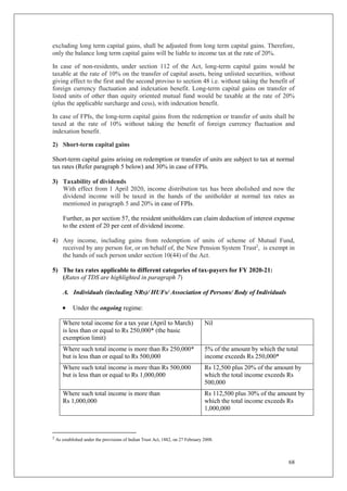 68
excluding long term capital gains, shall be adjusted from long term capital gains. Therefore,
only the balance long term capital gains will be liable to income tax at the rate of 20%.
In case of non-residents, under section 112 of the Act, long-term capital gains would be
taxable at the rate of 10% on the transfer of capital assets, being unlisted securities, without
giving effect to the first and the second proviso to section 48 i.e. without taking the benefit of
foreign currency fluctuation and indexation benefit. Long-term capital gains on transfer of
listed units of other than equity oriented mutual fund would be taxable at the rate of 20%
(plus the applicable surcharge and cess), with indexation benefit.
In case of FPIs, the long-term capital gains from the redemption or transfer of units shall be
taxed at the rate of 10% without taking the benefit of foreign currency fluctuation and
indexation benefit.
2) Short-term capital gains
Short-term capital gains arising on redemption or transfer of units are subject to tax at normal
tax rates (Refer paragraph 5 below) and 30% in case of FPIs.
3) Taxability of dividends
With effect from 1 April 2020, income distribution tax has been abolished and now the
dividend income will be taxed in the hands of the unitholder at normal tax rates as
mentioned in paragraph 5 and 20% in case of FPIs.
Further, as per section 57, the resident unitholders can claim deduction of interest expense
to the extent of 20 per cent of dividend income.
4) Any income, including gains from redemption of units of scheme of Mutual Fund,
received by any person for, or on behalf of, the New Pension System Trust2
, is exempt in
the hands of such person under section 10(44) of the Act.
5) The tax rates applicable to different categories of tax-payers for FY 2020-21:
(Rates of TDS are highlighted in paragraph 7)
A. Individuals (including NRs)/ HUFs/ Association of Persons/ Body of Individuals
 Under the ongoing regime:
Where total income for a tax year (April to March)
is less than or equal to Rs 250,000* (the basic
exemption limit)
Nil
Where such total income is more than Rs 250,000*
but is less than or equal to Rs 500,000
5% of the amount by which the total
income exceeds Rs 250,000*
Where such total income is more than Rs 500,000
but is less than or equal to Rs 1,000,000
Rs 12,500 plus 20% of the amount by
which the total income exceeds Rs
500,000
Where such total income is more than
Rs 1,000,000
Rs 112,500 plus 30% of the amount by
which the total income exceeds Rs
1,000,000
2
As established under the provisions of Indian Trust Act, 1882, on 27 February 2008.
 