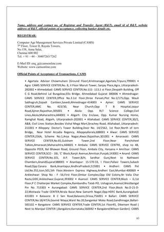 83
Name, address and contact no. of Registrar and Transfer Agent (R&T), email id of R&T, website
address of R&T, official points of acceptance, collecting banker details etc.
REGISTRAR:
Computer Age Management Services Private Limited (CAMS)
7th
Floor, Tower II, Rayala Towers,
No.158, Anna Salai,
Chennai 600 002
Tel. + 91 – 44 – 30407263/7262
E-Mail ID: enq_g@camsonline.com
Website: www.camsonline.com
Official Points of Acceptance of Transactions, CAMS
• Agartala: Advisor Chowmuhani (Ground Floor),Krishnanagar,Agartala,Tripura,799001 •
Agra: CAMS SERVICE CENTER,No. 8, II Floor Maruti Tower, Sanjay Place,Agra ,Uttarpradesh-
282002 • Ahmedabad: CAMS SERVICE CENTER,No.111- 113,1 st Floor,Devpath Building, Off
C G Road,Behind Lal Bungalow,Ellis Bridge, Ahmedabad Gujarat 380006 • Ahmednagar:
CAMS SERVICE CENTER,Office No.3.1st Floor,Shree Parvati,Plot No.1/175,Opp. Mauli
Sabhagruh,Zopadi Canteen,Savedi,Ahmednagar-414003 • Ajmer: CAMS SERVICE
CENTER,AMC No. 423/30, Near Church,Opp T B Hospital,Jaipur
Road,Ajmer,Rajasthan,305001 • Akola: Opp. RLT Science College,Civil
Lines,Akola,Maharashtra,444001 • Aligarh: City Enclave, Opp. Kumar Nursing Home,
Ramghat Road, Aligarh, Uttarpradesh-202001 • Allahabad: CAMS SERVICE CENTER,30/2,
A&B, Civil Lines Station,Besides Vishal Mega Mart,Strachey Road, Allahabad ,Uttarpradesh-
211001 • Alleppey: Doctor's Tower Building,Door No. 14/2562, 1st floor,North of Iorn
Bridge, Near Hotel Arcadia Regency, AlleppeyKerala,688001 • Alwar: CAMS SERVICE
CENTER,256A, Scheme No:1,Arya Nagar,Alwar,Rajasthan,301001 • Amaravati: CAMS
SERVICE CENTER,No.81,Gulsham Tower,2nd Floor,Near Panchsheel
Talkies,Amaravati,Maharashtra,444601 • Ambala: CAMS SERVICE CENTRE, shop no 48,
Opposite PEER, Bal Bhawan Road, Ground Floor, Ambala City, Haryana • Amritsar: CAMS
SERVICE CENTER,SCO - 18J, 'C' Block,Ranjit Avenue,Amritsar,Punjab,143001 • Anand: CAMS
SERVICE CENTER,No.101, A.P. Tower,B/H, Sardhar Gunj,Next to Nathwani
Chambers,AnandGujarat388001 • Anantapur: 15-570-33, I Floor,Pallavi Towers,Subash
Road,Opp:Canara Bank,Anantapur,AndhraPradesh,515001 • Andheri: CAMS Pvt
Ltd,No.351,Icon,501,5th Floor,Western Express Highway,Andheri East,Mumbai-400069 •
Ankleshwar: Shop No - F -56,First Floor,Omkar Complex,Opp Old Colony,Nr Valia Char
Rasta,GIDC,Ankleshwar,Gujarat,393002 • Asansol: CAMS SERVICE CENTER,Block – G,1st
Floor,P C Chatterjee Market Complex,Rambandhu Talab PO, Ushagram,Asansol,Westbengal
Pin No 713303 • Aurangabad: CAMS SERVICE CENTER,2nd Floor,Block No.D-21-D-
22,Motiwala Trade CENTER,Nirala Bazar,New Samarth Nagar,Opp.HDFC Bank,Aurangabad-
431001 • Balasore: B C Sen Road,Balasore,Orissa,756001 • Ballari: CAMS SERVICE
CENTER,No.18/47/A,Govind Nilaya,Ward No.20,Sangankal Moka Road,Gandhinagar,Ballari-
583102 • Bangalore: CAMS SERVICE CENTER,Trade CENTER,1st Floor45, Dikensen Road (
Next to Manipal CENTER ),Bangalore,Karnataka,560042 • Bangalore(Wilson Garden): CAMS
 