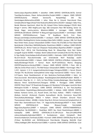86
Station,Jaipur,Rajasthan,302001 • Jalandhar: CAMS SERVICE CENTER,No.367/8, Central
TownOpp.Gurudwara, Diwan Asthan,Jalandhar,Punjab-144001 • Jalgaon: CAMS SERVICE
CENTER,Rustomji Infotech Services70, NavipethOpp. Old Bus
Stand,Jalgaon,Maharashtra,425001 • Jalna: Shop No 6, Ground Floor,Anand Plaza
Complex,Bharat Nagar,Shivaji Putla Road,Jalna,Maharashtra,431203 • Jalpaiguri: Babu Para,
Beside Meenaar Apartment ,Ward No VIII, Kotwali Police Station,Jalpaiguri-735101 West
Bengal • Jammu: JRDS Heights,Lane Opp. S&S Computers Near RBI Building, Sector 14,
Nanak Nagar Jammu,Jammu &Kashmir,180004 • Jamnagar: CAMS SERVICE
CENTER,No.207,Manek CENTER,P N Marg,Jamnagar,Gujarat,361001 • Jamshedpur: CAMS
SERVICE CENTER,Millennium Tower, "R" RoadRoom No:15, First Floor,
Bistupur,Jamshedpur,Jharkhand,831001 • Janakpuri: CAMS SERVICE CENTER,No.306,3Rd
Floor,DDA-2 Building,District Center,Janakpuri,New Delhi-110058 • Jaunpur: 248, Fort Road
Near Amber Hotel, Jaunpur Uttarpradesh-222001 • Jhansi: No.372/18D,1st Floor Above IDBI
Bank,Beside V-Mart,Near RAKSHAN,Gwalior Road,Jhansi-284001 • Jodhpur: CAMS SERVICE
CENTER,No.1/5, Nirmal Tower,1st Chopasani Road,Jodhpur,Rajasthan,342003 • Junagadh:
"Aastha Plus", 202-A, 2nd FloorSardarbag Road, Nr. AlkapuriOpp. Zansi Rani Statue
Junagadh Gujarat-362001 • Kadapa: Bandi Subbaramaiah Complex,D.No:3/1718, Shop No:
8, Raja Reddy Street,Kadapa,AndhraPradesh,516001 • Kakinada: CAMS SERVICE CENTER,D
No.25-4-29,1St floor,Kommireddy vari street,Beside Warf Road,Opp swathi
medicals,Kakinada-533001 • Kalyani: CAMS SERVICE CENTRE,A-1/50,Block A,Kalyani,Dist
Nadia,Westbengal-741235 • Kannur: Room No.PP.14/435Casa Marina Shopping
CENTERTalap,Kannur,Kerala,670004 • Kanpur: CAMS SERVICE CENTER, I Floor, 106 to
108,City Center,Phase II,63/ 2, The Mall Kanpur Uttarpradesh-208001 • Karimnagar: HNo.7-
1-257, Upstairs S B H mangammathota,Karimnagar,Telangana,505001 • Karnal (Parent
:Panipat TP): No.29,Avtar Colony,Behind vishal mega mart,Karnal-132001 • Karur: 126 G,
V.P.Towers, Kovai Road,Basement of Axis Bank,Karur,Tamilnadu,639002 • Katni: 1st
Floor,Gurunanak dharmakanta,Jabalpur Road,Bargawan,Katni,MadhyaPradesh 483501 •
Khammam: Shop No: 11 - 2 - 31/3, 1st floor,Philips Complex,Balajinagar, Wyra Road,Near
Baburao Petrol Bunk,Khammam,Telangana 507001 • Kharagpur: CAMS SERVICE
CENTER,"Silver Palace" OT Road,Inda-Kharagpur,G-P-Barakola,P.S.Kharagpur Local,Dist West
Midnapore-721305 • Kolhapur: CAMS SERVICE CENTER,No.2 B, 3rd Floor,Ayodhya
Towers,Station Road,Kolhapur,Maharashtra,416001 • Kolkata: CAMS SERVICE CENTER,
Kolkata: Kankaria Centre, 2/1, Russell Street, 2nd Floor, Kolkata - 700071 • Kolkata-CC
(Kolkata Central): 2A,Ganesh Chandra AvenueRoom ,No.3A, Commerce House"(4th
Floor),Kolkata,Westbangal 700013 • Kollam: Uthram Chambers (Ground Floor)
Thamarakulam Kollam - 691006. • Korba: Shop No 6, Shriram Commercial ComplexInfront of
Hotel Blue DiamondGround Floor, T.P. Nagar,Korba,Westbangal,495677 • Kota: CAMS
SERVICE CENTER,No.B-33 'Kalyan Bhawan,Triangle Part,Vallabh
Nagar,Kota,Rajasthan,324007 • Kottayam: CAMS SERVICE CENTER,THAMARAPALLIL
Building,Door No-XIII/658,M L Road,Near KSRTC Bus Stand Road,Kottayam-686001 •
Kukatpally: CAMS SERVICE CENTER,No.15-31-2M-1/4,1st floor,14-A,MIG,KPHB
colony,Kutkapally,Hyderabad-500072 • Kumbakonam: Jailani Complex47, Mutt
Street,Kumbakonam,Tamilnadu,612001 • Kurnool: CAMS SERVICE CENTER,Shop No.26 and
27,Door No.39/265A and 39/265B,Second Floor,Skanda Shopping Mall,Old Chad
Talkies,Vaddageri,39th Ward,Kurnool-518001 • Lucknow: CAMS SERVICE CENTER,No. 4,1st
 