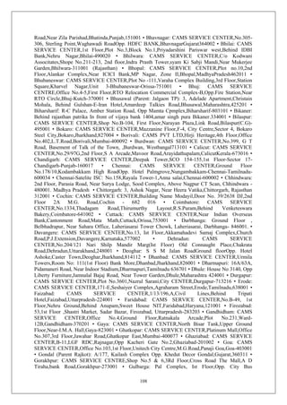 108
Road,Near Zila Parishad,Bhatinda,Punjab,151001 • Bhavnagar: CAMS SERVICE CENTER,No.305-
306, Sterling Point,Waghawadi RoadOpp. HDFC BANK,BhavnagarGujarat364002 • Bhilai: CAMS
SERVICE CENTER,1st Floor,Plot No.3,Block No.1,Priyadarshini Pariswar west,Behind IDBI
Bank,Nehru Nagar,Bhilai-490020 • Bhilwara: CAMS SERVICE CENTER,C/o Kodwani
Associtates,Shope No.211-213, 2nd floor,Indra Prasth Tower,syam Ki Sabji Mandi,Near Mukerjee
Garden,Bhilwara-311001 (Rajasthan) • Bhopal: CAMS SERVICE CENTER,Plot no.10,2nd
Floor,Alankar Complex,Near ICICI Bank,MP Nagar, Zone II,Bhopal,MadhyaPradesh462011 •
Bhubaneswar: CAMS SERVICE CENTER,Plot No -111,Varaha Complex Building,3rd Floor,Station
Square,Kharvel Nagar,Unit 3-Bhubaneswar-Orissa-751001 • Bhuj: CAMS SERVICE
CENTRE,Office No.4-5,First Floor,RTO Relocation Commercial Complex-B,Opp.Fire Station,Near
RTO Circle,Bhuj-Kutch-370001 • Bhusawal (Parent: Jalgaon TP): 3, Adelade Apartment,Christain
Mohala, Behind Gulshan-E-Iran Hotel,Amardeep Talkies Road,Bhusawal,Maharashtra,425201 •
Biharsharif: R-C Palace, Amber Station Road, Opp Mamta Cpmplex,Biharsharif-803101 • Bikaner:
Behind rajasthan patrika In front of vijaya bank 1404,amar singh pura Bikaner.334001 • Bilaspur:
CAMS SERVICE CENTER,Shop No.B-104, First Floor,Narayan Plaza,Link Road,Bilaspur(C.G)-
495001 • Bokaro: CAMS SERVICE CENTER,Mazzanine Floor,F-4, City Centre,Sector 4, Bokaro
Steel City,Bokaro,Jharkhand,827004 • Borivali: CAMS PVT LTD,Hirji Heritage,4th Floor,Office
No.402,L.T.Road,Borivali,Mumbai-400092 • Burdwan: CAMS SERVICE CENTER,No.399, G T
Road, Basement of Talk of the Town, ,Burdwan, Westbangal713101 • Calicut: CAMS SERVICE
CENTER,No.29/97G,2nd Floor,S A Arcade,Mavoor Road,Arayidathupalam,CalicutKerala-673016 •
Chandigarh: CAMS SERVICE CENTER,Deepak Tower,SCO 154-155,1st Floor-Sector 17-
Chandigarh-Punjab-160017 • Chennai: CAMS SERVICE CENTER,Ground Floor
No.178/10,Kodambakkam High RoadOpp. Hotel Palmgrove,Nungambakkam-Chennai-Tamilnadu-
600034 • Chennai-Satelite ISC: No.158,Rayala Tower-1,Anna salai,Chennai-600002 • Chhindwara:
2nd Floor, Parasia Road, Near Surya Lodge, Sood Complex, Above Nagpur CT Scan, Chhindwara -
480001. Madhya Pradesh • Chittorgarh: 3, Ashok Nagar, Near Heera Vatika,Chittorgarh, Rajasthan
312001 • Cochin: CAMS SERVICE CENTER,Building Name Modayil,Door No. 39/2638 DJ,2nd
Floor 2A M.G. Road,Cochin - 682 016 • Coimbatore: CAMS SERVICE
CENTER,No.1334,Thadagam Road,Thirumurthy Layout,R.S.Puram,Behind Venketeswara
Bakery,Coimbatore-641002 • Cuttack: CAMS SERVICE CENTER,Near Indian Overseas
Bank,Cantonment Road,Mata Math,Cuttack,Orissa,753001 • Darbhanga: Ground Floor ,
Belbhadrapur, Near Sahara Office, Laheriasarai Tower Chowk, Laheriasarai, Darbhanga- 846001. •
Davangere: CAMS SERVICE CENTER,No.13, Ist Floor,Akkamahadevi Samaj Complex,Church
Road,P.J.Extension,Davangere,Karnataka,577002 • Dehradun: CAMS SERVICE
CENTER,No.204/121 Nari Shilp Mandir Marg(Ist Floor) Old Connaught Place,Chakrata
Road,Dehradun,Uttarakhand,248001 • Deoghar: S S M Jalan RoadGround floorOpp. Hotel
Ashoke,Caster Town,Deoghar,Jharkhand,814112 • Dhanbad: CAMS SERVICE CENTER,Urmila
Towers,Room No: 111(1st Floor) Bank More,Dhanbad,Jharkhand,826001 • Dharmapuri: 16A/63A,
Pidamaneri Road, Near Indoor Stadium,Dharmapuri,Tamilnadu 636701 • Dhule: House No 3140, Opp
Liberty Furniture,Jamnalal Bajaj Road, Near Tower Garden,Dhule,Maharashtra 424001 • Durgapur:
CAMS SERVICE CENTER,Plot No.3601,Nazrul Sarani,City CENTER,Durgapur-713216 • Erode:
CAMS SERVICE CENTER,171-E,Seshaiyer Complex,Agraharam Street,Erode,Tamilnadu,638001 •
Faizabad: CAMS SERVICE CENTER,1/13/196,A,Civil Lines,Behind Tripati
Hotel,Faizabad,Uttarpradesh-224001 • Faridabad: CAMS SERVICE CENTER,No.B-49, 1st
Floor,Nehru Ground,Behind Anupam,Sweet House NIT,Faridabad,Haryana,121001 • Firozabad:
53,1st Floor ,Shastri Market, Sadar Bazar, Firozabad, Uttarpradesh-283203 • Gandhidham: CAMS
SERVICE CENTER,Office No.4,Ground Floor,Ratnakala Arcade,Plot No.231,Ward-
12B,Gandhidham-370201 • Gaya: CAMS SERVICE CENTER,North Bisar Tank,Upper Ground
Floor,Near-I.M.A. Hall,Gaya-823001 • Ghatkopar: CAMS SERVICE CENTER,Platinum Mall,Office
No.307,3rd Floor,Jawahar Road,Ghatkopar East,Mumbai-400077 • Ghaziabad: CAMS SERVICE
CENTER,B-11,LGF RDC,Rajnagar,Opp Kacheri Gate No.2,Ghaziabad-201002 • Goa: CAMS
SERVICE CENTER,Office No.103,1st Floor,Unitech City Centre,M.G.Road,Panaji Goa,Goa-403001
• Gondal (Parent Rajkot): A/177, Kailash Complex Opp. Khedut Decor Gondal,Gujarat,360311 •
Gorakhpur: CAMS SERVICE CENTRE,Shop No.5 & 6,3Rd Floor,Cross Road The Mall,A D
Tiraha,bank Road,Gorakhpur-273001 • Gulbarga: Pal Complex, Ist Floor,Opp. City Bus
 
