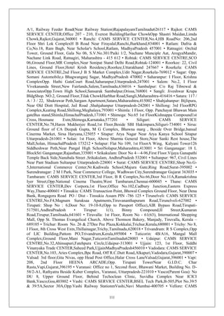 111
A/1, Railway Feeder Road(Near Railway Station)RajapalayamTamilnadu626117 • Rajkot: CAMS
SERVICE CENTER,Office 207 - 210, Everest BuildingHarihar ChowkOpp Shastri Maidan,Limda
Chowk,Rajkot,Gujarat,360001 • Ranchi: CAMS SERVICE CENTER,No.4,HB RoadNo: 206,2nd
Floor Shri Lok ComplexH B Road Near Firayalal,Ranchi,Jharkhand,834001 • Ratlam: Dafria &
Co,No.18, Ram Bagh, Near Scholar's School,Ratlam, MadhyaPradesh 457001 • Ratnagiri: Orchid
Tower, Ground Floor, Gala No 06, S.V.No.301/Paiki 1/2, Nachane Munciple Aat, ArogyaMandir,
Nachane Link Road, Ratnagiri, Maharashtra - 415 612 • Rohtak: CAMS SERVICE CENTRE,SCO
06,Ground Floor,MR Complex,Near Sonipat Stand Delhi Road,Rohtak-124001 • Roorkee: 22, Civil
Lines, Ground Floor,Hotel Krish Residency,Roorkee,Uttarakhand 247667 • Rourkela: CAMS
SERVICE CENTRE,2nd Floor,J B S Market Complex,Udit Nagar,Rourkela-769012 • Sagar: Opp.
Somani Automobile,s Bhagwanganj Sagar, MadhyaPradesh 470002 • Saharanpur: I Floor, Krishna
ComplexOpp. Hathi GateCourt Road,Saharanpur,Uttarpradesh,247001 • Salem: No.2, I Floor
Vivekananda Street,New Fairlands,Salem,Tamilnadu,636016 • Sambalpur: C/o Raj Tibrewal &
AssociatesOpp.Town High School,Sansarak Sambalpur,Orissa,768001 • Sangli: Jiveshwar Krupa
BldgShop. NO.2, Ground Floor,Tilak ChowkHarbhat Road,Sangli,Maharashtra-416416 • Satara: 117 /
A / 3 / 22, Shukrawar Peth,Sargam Apartment,Satara,Maharashtra,415002 • Shahjahanpur: Bijlipura,
Near Old Distt Hospital, Jail Road ,Shahjahanpur Uttarpradesh-242001 • Shillong: 3rd FloorRPG
Complex,Keating Road,Shillong,Meghalaya,793001 • Shimla: I Floor, Opp. Panchayat Bhawan Main
gateBus stand,Shimla,HimachalPradesh,171001 • Shimoga: No.65 1st FloorKishnappa Compound1st
Cross, Hosmane Extn,Shimoga,Karnataka,577201 • Siliguri: CAMS SERVICE
CENTER,No.78,Haren Mukherjee Road,1st Floor,Beside SBI Hakimpara,Siliguri-734001 • Sirsa:
Ground floor of CA Deepak Gupta, M G Complex, Bhawna marg , Beside Over Bridge,bansal
Cinerma Market, Sirsa Haryana,125055 • Sitapur: Arya Nagar Near Arya Kanya School Sitapur
Uttarpradesh-261001 • Solan: 1st Floor, Above Sharma General Store,Near Sanki Rest house,The
Mall,Solan, HimachalPradesh 173212 • Solapur: Flat No 109, 1st FloorA Wing, Kalyani Tower126
Siddheshwar Peth,Near Pangal High SchoolSolapur,Maharashtra,413001 • Sri Ganganagar: 18 L
BlockSri Ganganagar,Rajasthan,335001 • Srikakulam: Door No 4—4-96,First Floor.Vijaya Ganapathi
Temple Back Side,Nanubala Street ,Srikakulam, AndhraPradesh 532001 • Sultanpur: 967, Civil Lines
Near Pant Stadium Sultanpur Uttarpradesh-228001 • Surat: CAMS SERVICE CENTRE,Shop No.G-
5,International Commerce Center,Nr.Kadiwala School,Majura Gate,Ring Road,Surat-395002 •
Surendranagar: 2 M I Park, Near Commerce College, Wadhwan City,Surendranagar Gujarat 363035 •
Tambaram: CAMS SERVICE CENTER,3rd Floor, B R Complex,No.66,Door No.11A,Ramakrishna
Iyer Street,Opp.National Cinema Theatre,West Tambaram,Chennai-600045 • Thane: CAMS
SERVICE CENTER,Dev Corpora,1st Floor,Office No.102,Cadbury Junction,Eastern Express
Way,Thane-400601 • Tinsukia: CAMS Transaction Point, Bhowal Complex Ground Floor, Near Dena
Bank, Rongagora Road PO / Dist - Tinsukia Assam PIN -786 125 • Tirunelveli: CAMS SERVICE
CENTRE,No.F4,Magnam Suraksaa Apatments,Tiruvananthapuram Road,Tirunelveli-627002 •
Tirupati: Shop No : 6,Door No: 19-10-8,(Opp to Passport Office),AIR Bypass Road,Tirupati-
517501,AndhraPradesh • Tirupur: 1(1), Binny Compound,II Street,Kumaran
Road,Tirupur,Tamilnadu,641601 • Tiruvalla: 1st Floor, Room No - 61(63), International Shopping
Mall, Opp St. Thomas Evangelical Church, Above Thomson Bakery, Manjady, Tiruvalla, Kerala –
689105 • Trichur: Room No. 26 & 27Dee Pee Plaza,Kokkalai,Trichur,Kerala,680001 • Trichy: No 8,
I Floor, 8th Cross West Extn,Thillainagar,Trichy,Tamilnadu,620018 • Trivandrum: R S Complex,Opp
of LIC Building,Pattom PO,Trivandrum,Kerala,695004 • Tuticorin: 4B/A16, Mangal Mall
Complex,Ground Floor,Mani Nagar,TuticorinTamilnadu628003 • Udaipur: CAMS SERVICE
CENTRE,No.32,Ahinsapuri,Fatehpura Circle,Udaipur-313001 • Ujjain: 123, 1st Floor, Siddhi
Vinanyaka Trade CENTER,Saheed Park,UjjainMadhyaPradesh456010 • Vadodara: CAMS SERVICE
CENTER,No.103, Aries Complex,Bpc Road, Off R.C.Dutt Road,Alkapuri,Vadodara,Gujarat,390007 •
Valsad: 3rd floor,Gita Nivas, opp Head Post Office,Halar Cross LaneValsad,Gujarat,396001 • Vapi:
208, 2nd Floor HEENA ARCADE,Opp. Tirupati TowerNear G.I.D.C. Char
Rasta,Vapi,Gujarat,396195 • Varanasi: Office no 1, Second floor, Bhawani Market, Building No. D-
58/2-A1, Rathyatra Beside Kuber Complex, Varanasi, Uttarpradesh-221010 • Vasco(Parent Goa): No
DU 8, Upper Ground Floor, Behind Techoclean Clinic, Suvidha Complex Near ICICI
Bank,Vasco,Goa,403802 • Vashi: CAMS SERVICE CENTER,BSEL Tech Park,B-505,Plot No.39/5
& 39/5A,Sector 30A,Opp.Vashi Railway StationmVashi,Navi Mumbai-400705 • Vellore: CAMS
 