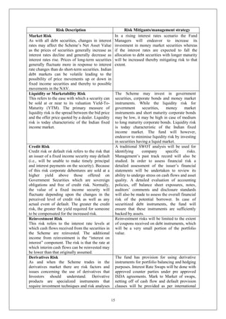 15
Risk Description Risk Mitigants/management strategy
Market Risk
As with all debt securities, changes in interest
rates may affect the Scheme’s Net Asset Value
as the prices of securities generally increase as
interest rates decline and generally decrease as
interest rates rise. Prices of long-term securities
generally fluctuate more in response to interest
rate changes than do short-term securities. Indian
debt markets can be volatile leading to the
possibility of price movements up or down in
fixed income securities and thereby to possible
movements in the NAV.
In a rising interest rates scenario the Fund
Managers will endeavor to increase its
investment in money market securities whereas
if the interest rates are expected to fall the
allocation to debt securities with longer maturity
will be increased thereby mitigating risk to that
extent.
Liquidity or Marketability Risk
This refers to the ease with which a security can
be sold at or near to its valuation Yield-To-
Maturity (YTM). The primary measure of
liquidity risk is the spread between the bid price
and the offer price quoted by a dealer. Liquidity
risk is today characteristic of the Indian fixed
income market.
The Scheme may invest in government
securities, corporate bonds and money market
instruments. While the liquidity risk for
government securities, money market
instruments and short maturity corporate bonds
may be low, it may be high in case of medium
to long maturity corporate bonds. Liquidity risk
is today characteristic of the Indian fixed
income market. The fund will however,
endeavor to minimise liquidity risk by investing
in securities having a liquid market.
Credit Risk
Credit risk or default risk refers to the risk that
an issuer of a fixed income security may default
(i.e., will be unable to make timely principal
and interest payments on the security). Because
of this risk corporate debentures are sold at a
higher yield above those offered on
Government Securities which are sovereign
obligations and free of credit risk. Normally,
the value of a fixed income security will
fluctuate depending upon the changes in the
perceived level of credit risk as well as any
actual event of default. The greater the credit
risk, the greater the yield required for someone
to be compensated for the increased risk.
A traditional SWOT analysis will be used for
identifying company specific risks.
Management’s past track record will also be
studied. In order to assess financial risk a
detailed assessment of the issuer’s financial
statements will be undertaken to review its
ability to undergo stress on cash flows and asset
quality. A detailed evaluation of accounting
policies, off balance sheet exposures, notes,
auditors’ comments and disclosure standards
will also be made to assess the overall financial
risk of the potential borrower. In case of
securitized debt instruments, the fund will
ensure that these instruments are sufficiently
backed by assets.
Reinvestment Risk
This risk refers to the interest rate levels at
which cash flows received from the securities in
the Scheme are reinvested. The additional
income from reinvestment is the “interest on
interest” component. The risk is that the rate at
which interim cash flows can be reinvested may
be lower than that originally assumed.
Reinvestment risks will be limited to the extent
of coupons received on debt instruments, which
will be a very small portion of the portfolio
value.
Derivatives Risk
As and when the Scheme trades in the
derivatives market there are risk factors and
issues concerning the use of derivatives that
Investors should understand. Derivative
products are specialized instruments that
require investment techniques and risk analyses
The fund has provision for using derivative
instruments for portfolio balancing and hedging
purposes. Interest Rate Swaps will be done with
approved counter parties under pre approved
ISDA agreements. Mark to Market of swaps,
netting off of cash flow and default provision
clauses will be provided as per international
 