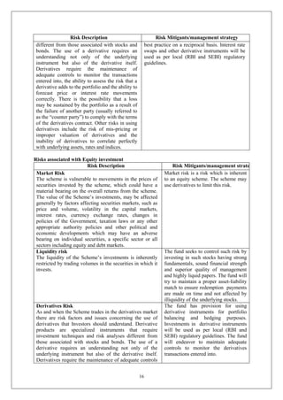 16
Risk Description Risk Mitigants/management strategy
different from those associated with stocks and
bonds. The use of a derivative requires an
understanding not only of the underlying
instrument but also of the derivative itself.
Derivatives require the maintenance of
adequate controls to monitor the transactions
entered into, the ability to assess the risk that a
derivative adds to the portfolio and the ability to
forecast price or interest rate movements
correctly. There is the possibility that a loss
may be sustained by the portfolio as a result of
the failure of another party (usually referred to
as the “counter party”) to comply with the terms
of the derivatives contract. Other risks in using
derivatives include the risk of mis-pricing or
improper valuation of derivatives and the
inability of derivatives to correlate perfectly
with underlying assets, rates and indices.
best practice on a reciprocal basis. Interest rate
swaps and other derivative instruments will be
used as per local (RBI and SEBI) regulatory
guidelines.
Risks associated with Equity investment
Risk Description Risk Mitigants/management strategy
Market Risk
The scheme is vulnerable to movements in the prices of
securities invested by the scheme, which could have a
material bearing on the overall returns from the scheme.
The value of the Scheme’s investments, may be affected
generally by factors affecting securities markets, such as
price and volume, volatility in the capital markets,
interest rates, currency exchange rates, changes in
policies of the Government, taxation laws or any other
appropriate authority policies and other political and
economic developments which may have an adverse
bearing on individual securities, a specific sector or all
sectors including equity and debt markets.
Market risk is a risk which is inherent
to an equity scheme. The scheme may
use derivatives to limit this risk.
Liquidity risk
The liquidity of the Scheme’s investments is inherently
restricted by trading volumes in the securities in which it
invests.
The fund seeks to control such risk by
investing in such stocks having strong
fundamentals, sound financial strength
and superior quality of management
and highly liquid papers. The fund will
try to maintain a proper asset-liability
match to ensure redemption payments
are made on time and not affected by
illiquidity of the underlying stocks.
Derivatives Risk
As and when the Scheme trades in the derivatives market
there are risk factors and issues concerning the use of
derivatives that Investors should understand. Derivative
products are specialized instruments that require
investment techniques and risk analyses different from
those associated with stocks and bonds. The use of a
derivative requires an understanding not only of the
underlying instrument but also of the derivative itself.
Derivatives require the maintenance of adequate controls
The fund has provision for using
derivative instruments for portfolio
balancing and hedging purposes.
Investments in derivative instruments
will be used as per local (RBI and
SEBI) regulatory guidelines. The fund
will endeavor to maintain adequate
controls to monitor the derivatives
transactions entered into.
 