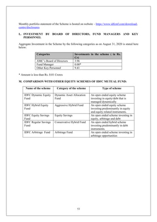 53
Monthly portfolio statement of the Scheme is hosted on website – https://www.idfcmf.com/download-
centre/disclosures
L. INVESTMENT BY BOARD OF DIRECTORS, FUND MANAGERS AND KEY
PERSONNEL
Aggregate Investment in the Scheme by the following categories as on August 31, 2020 is stated here
below:
Categories Investments in the scheme ( in Rs.
Cr)
AMC’s Board of Directors 3.96
Fund Manager 0.00*
Other Key Personnel 9.41
* Amount is less than Rs. 0.01 Crores
M. COMPARISON WITH OTHER EQUITY SCHEMES OF IDFC MUTUAL FUND:
Name of the scheme Category of the scheme Type of scheme
IDFC Dynamic Equity
Fund
Dynamic Asset Allocation
Fund
An open ended equity scheme
investing in equity/debt that is
managed dynamically
IDFC Hybrid Equity
Fund
Aggressive Hybrid Fund An open ended equity scheme
investing predominantly in equity
and equity related instruments.
IDFC Equity Savings
Fund
Equity Savings An open ended scheme investing in
equity, arbitrage and debt
IDFC Regular Savings
Fund
Conservative Hybrid Fund An open ended hybrid scheme
investing predominantly in debt
instruments.
IDFC Arbitrage Fund Arbitrage Fund An open ended scheme investing in
arbitrage opportunities
 